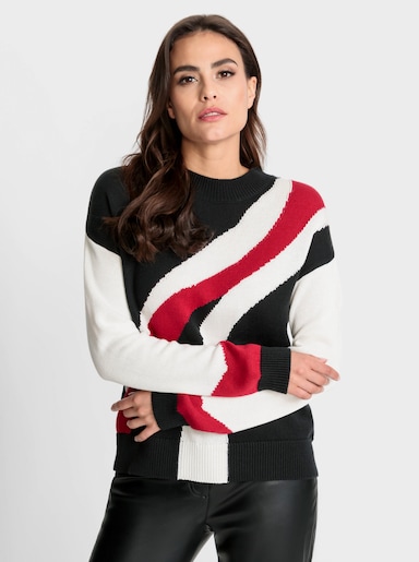 heine Pullover met ronde hals en intarsia - rood/zwart gedessineerd