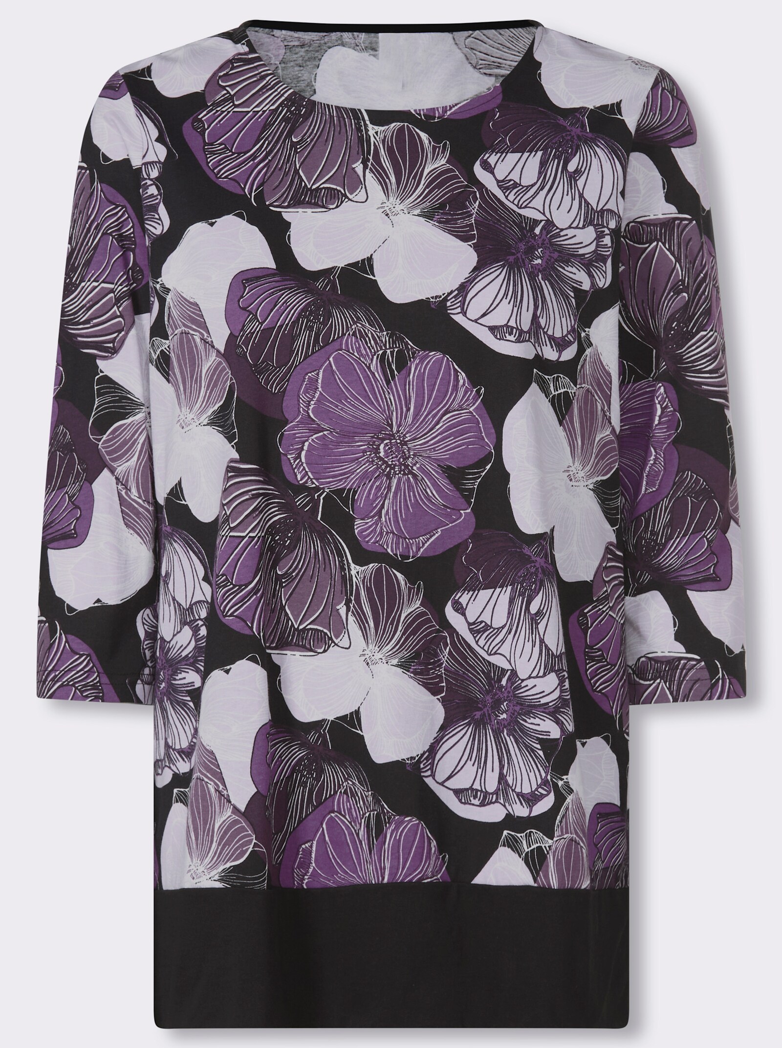 Longshirt in figurfreundlicher A-Linie - lila-schwarz-bedruckt