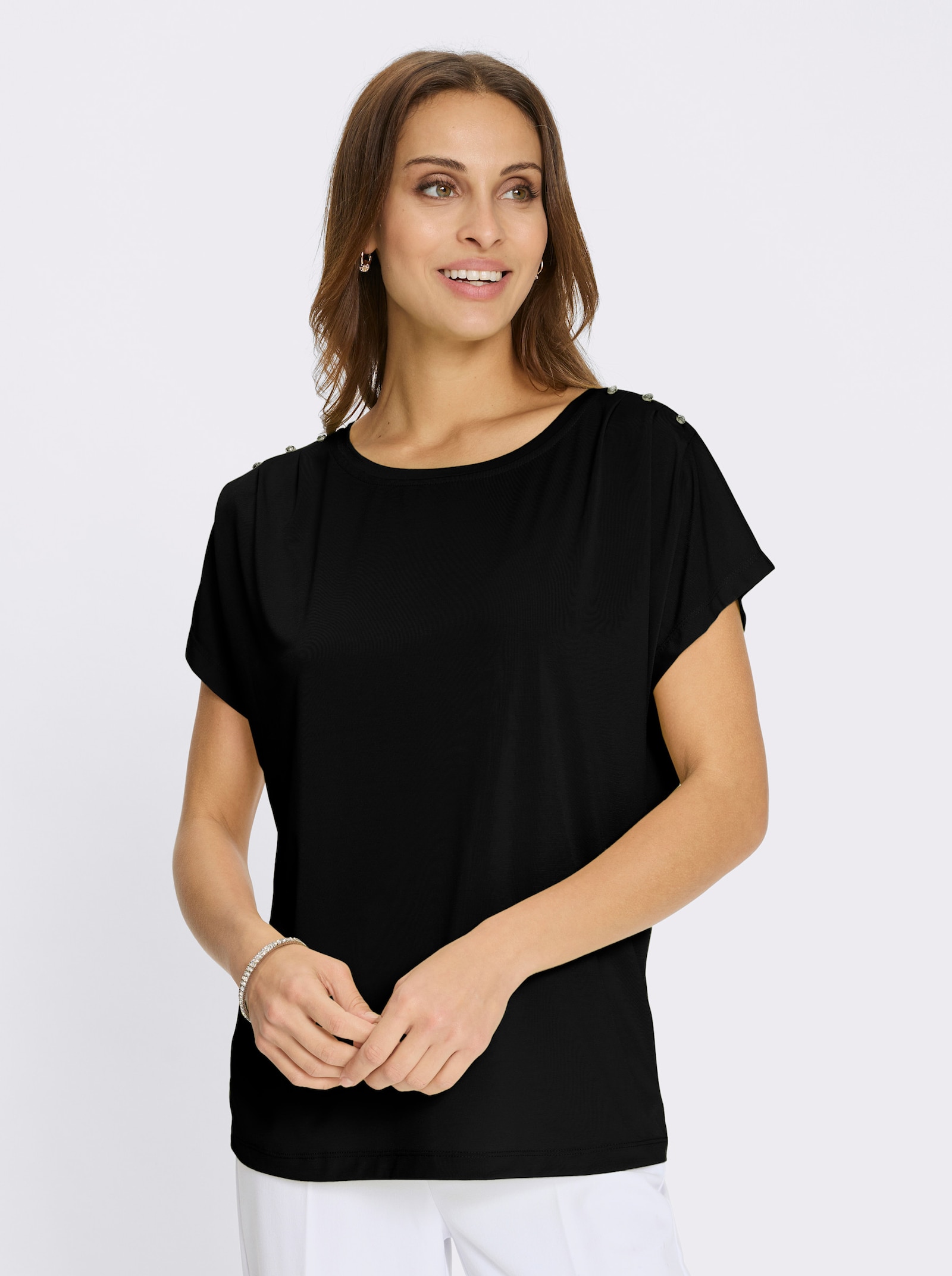 Rundhalsshirt mit Schmucksteinchen - schwarz