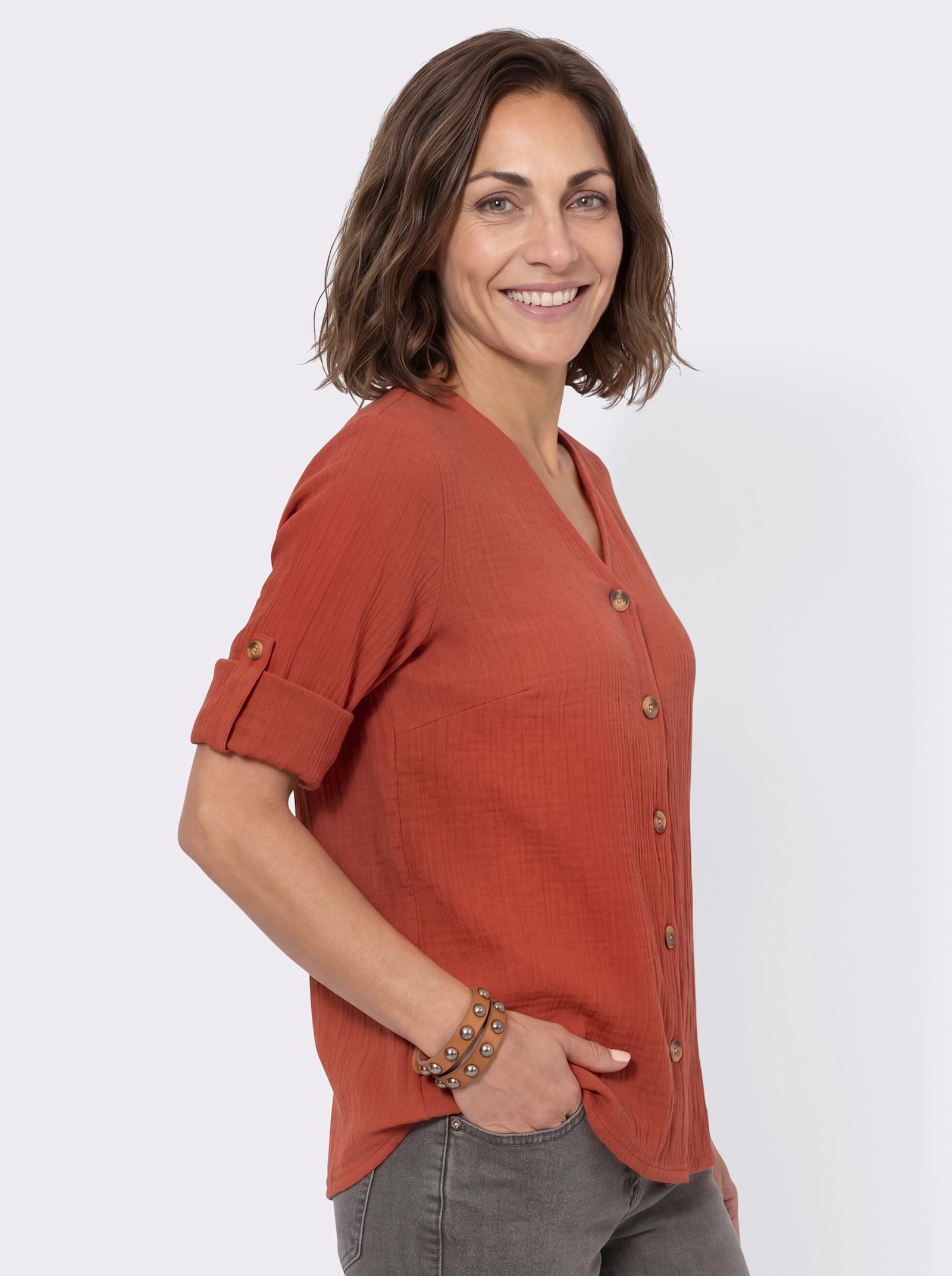3/4-Arm-Bluse mit Krempelfunktion - rostrot