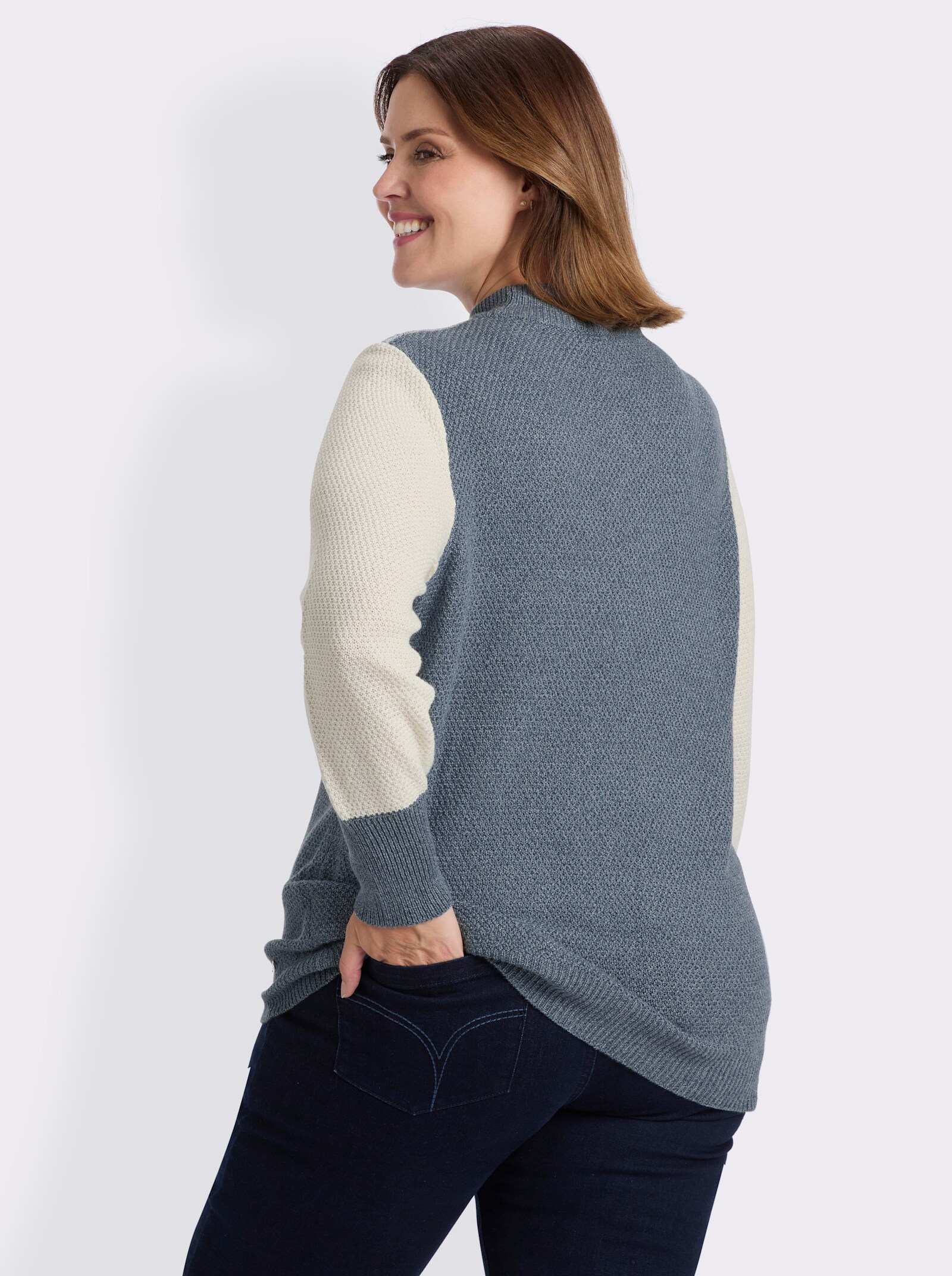 Langarm-Pullover mit Color-Blocking-Muster - rauchblau-ecru-meliert
