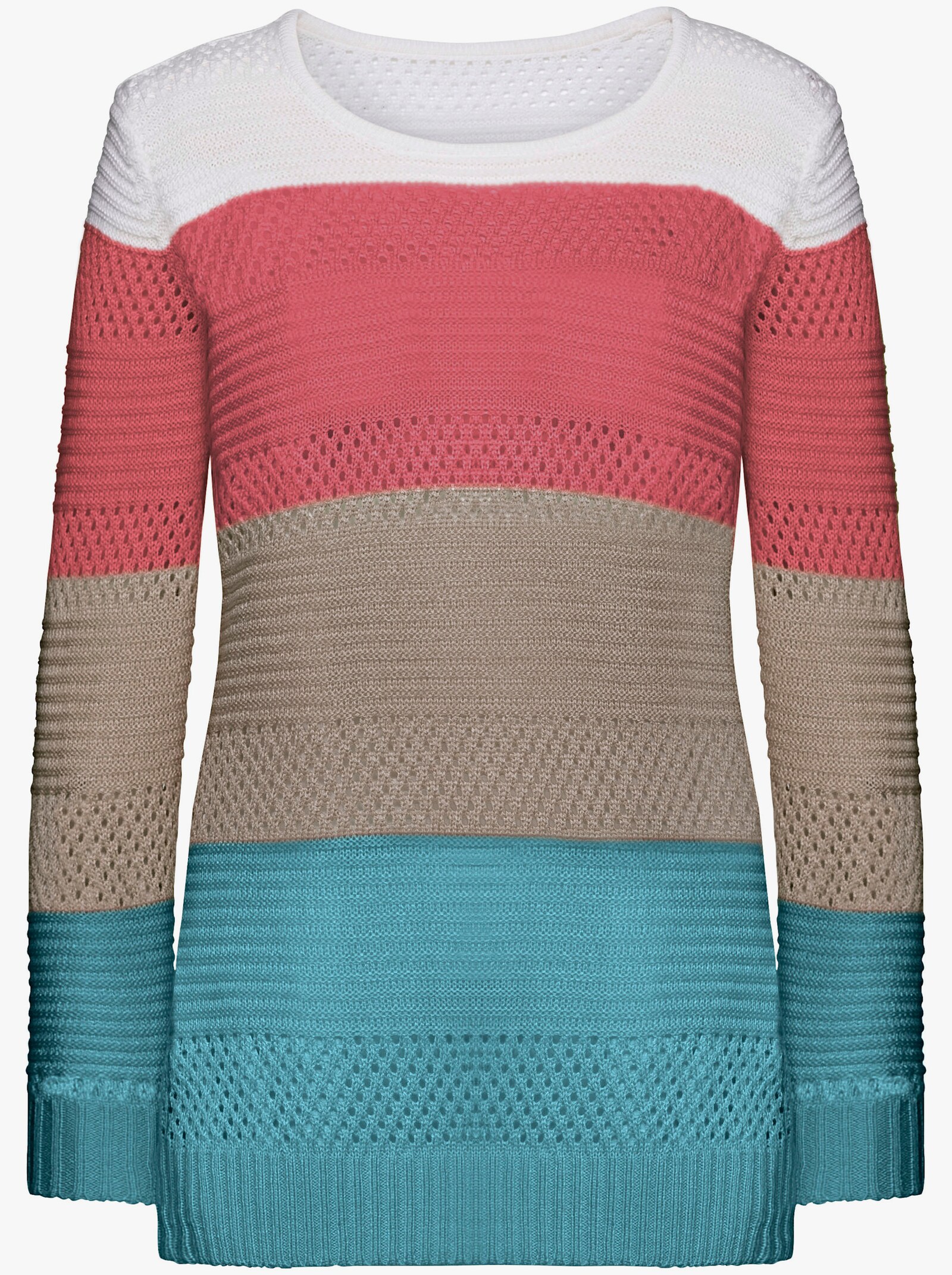 Rundhalspullover in Sommerqualität - himbeer-taupe-geringelt