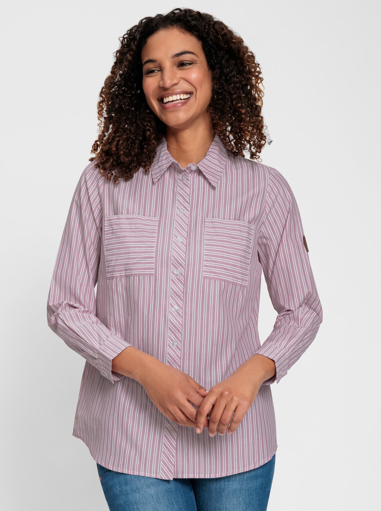 Gestreepte blouse met opgestikte borstzakken - mauve/wit gestreept