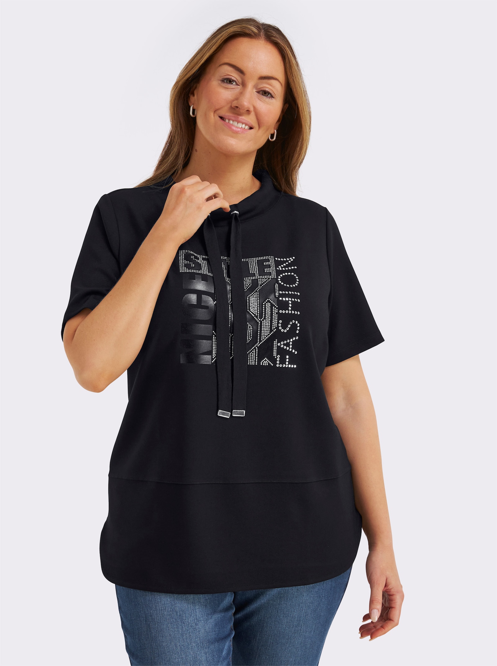 Kurzarmshirt mit Stehkragen - schwarz