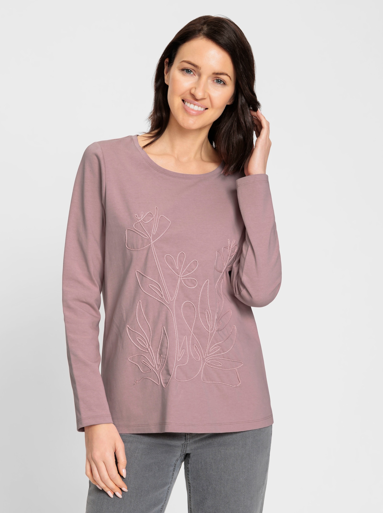 Rundhalsshirt mit Kordel-Stickerei - hortensie