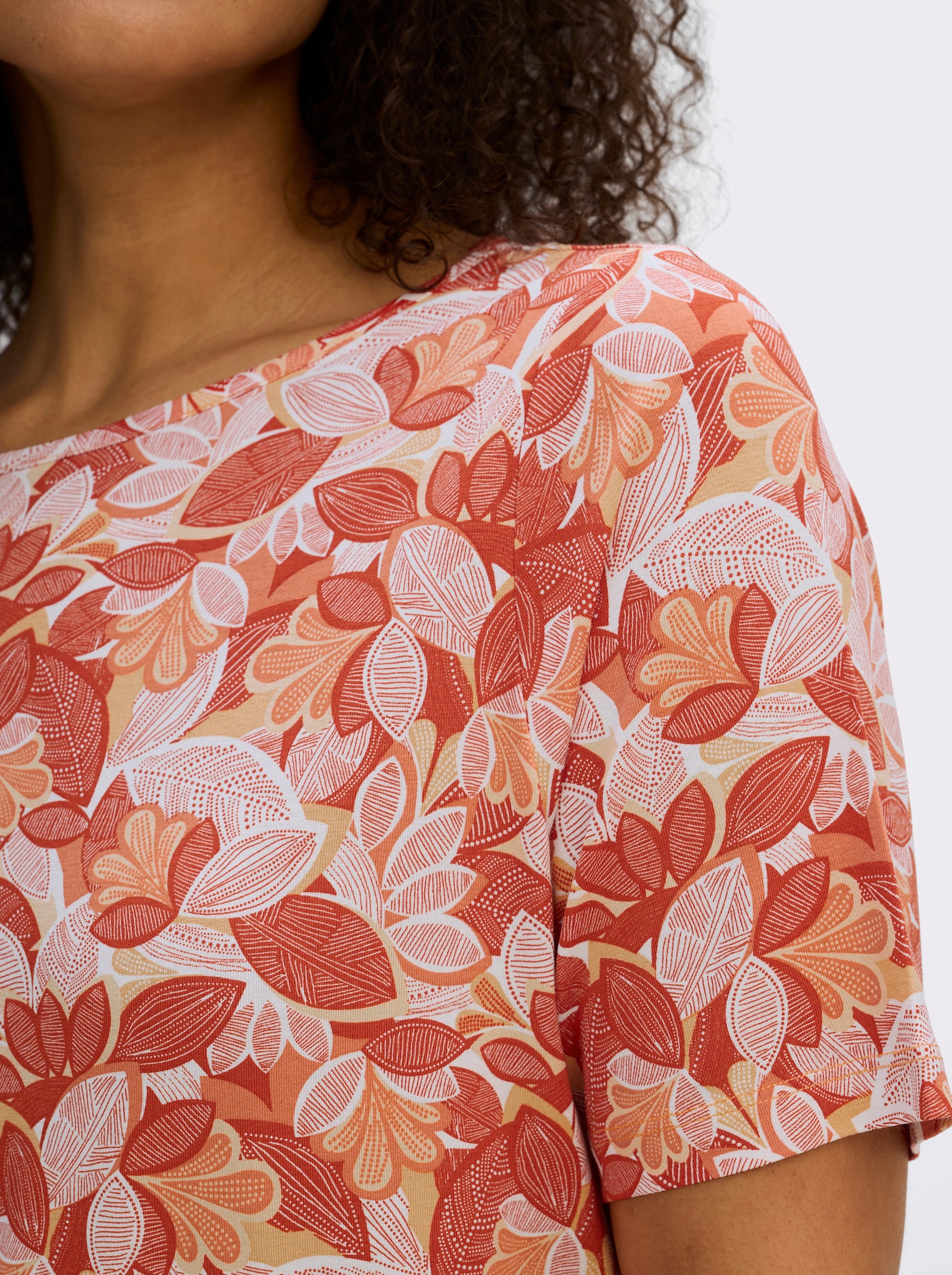 Print-Shirt mit paspeliertem U-Boot-Ausschnitt - papaya-apricot-bedruckt