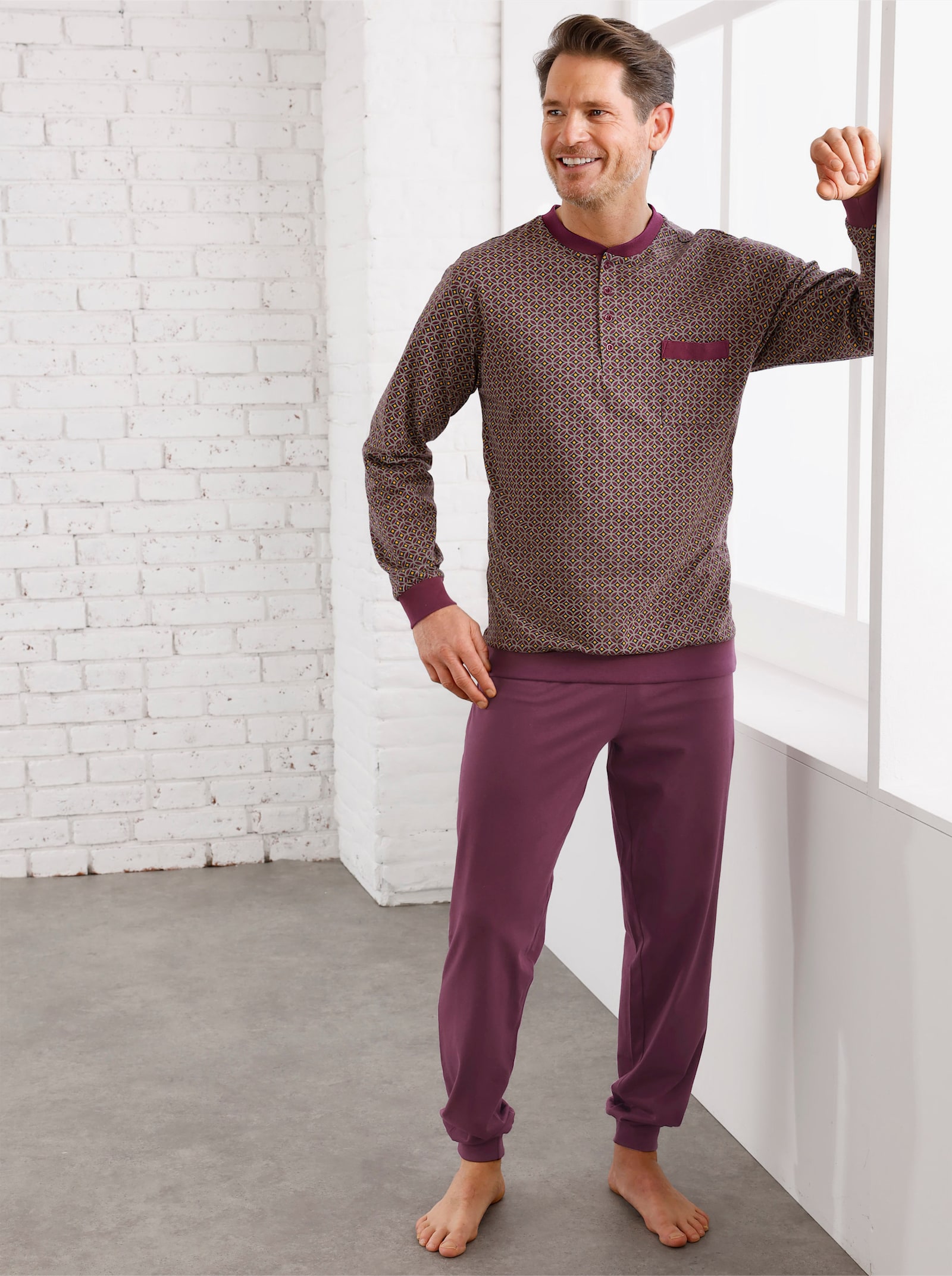 wäschepur men Schlafanzug - burgund-steingrau-bedruckt