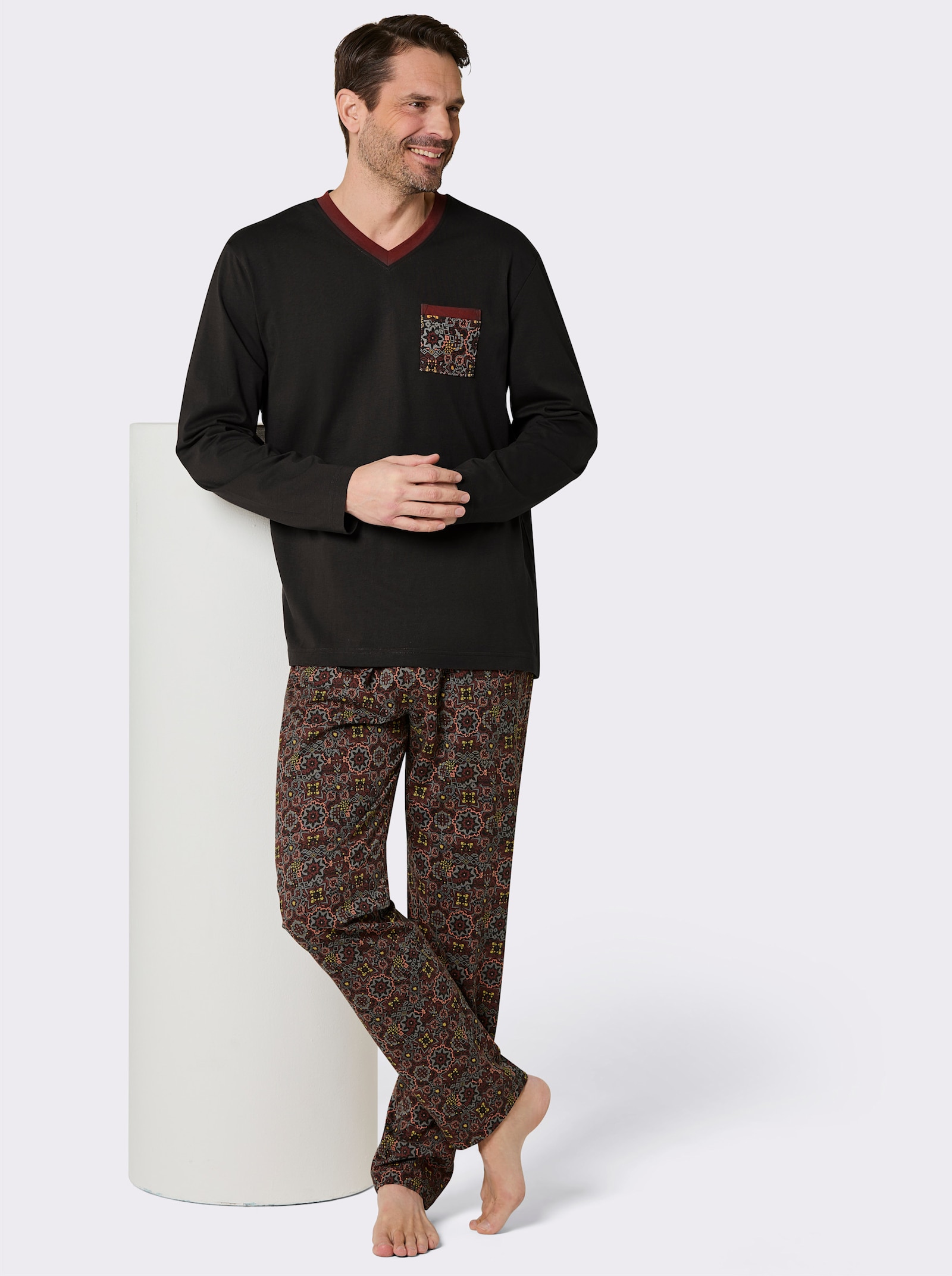 wäschepur men Schlafanzug aus Bio-Baumwolle - graphit-rotbraun-bedruckt