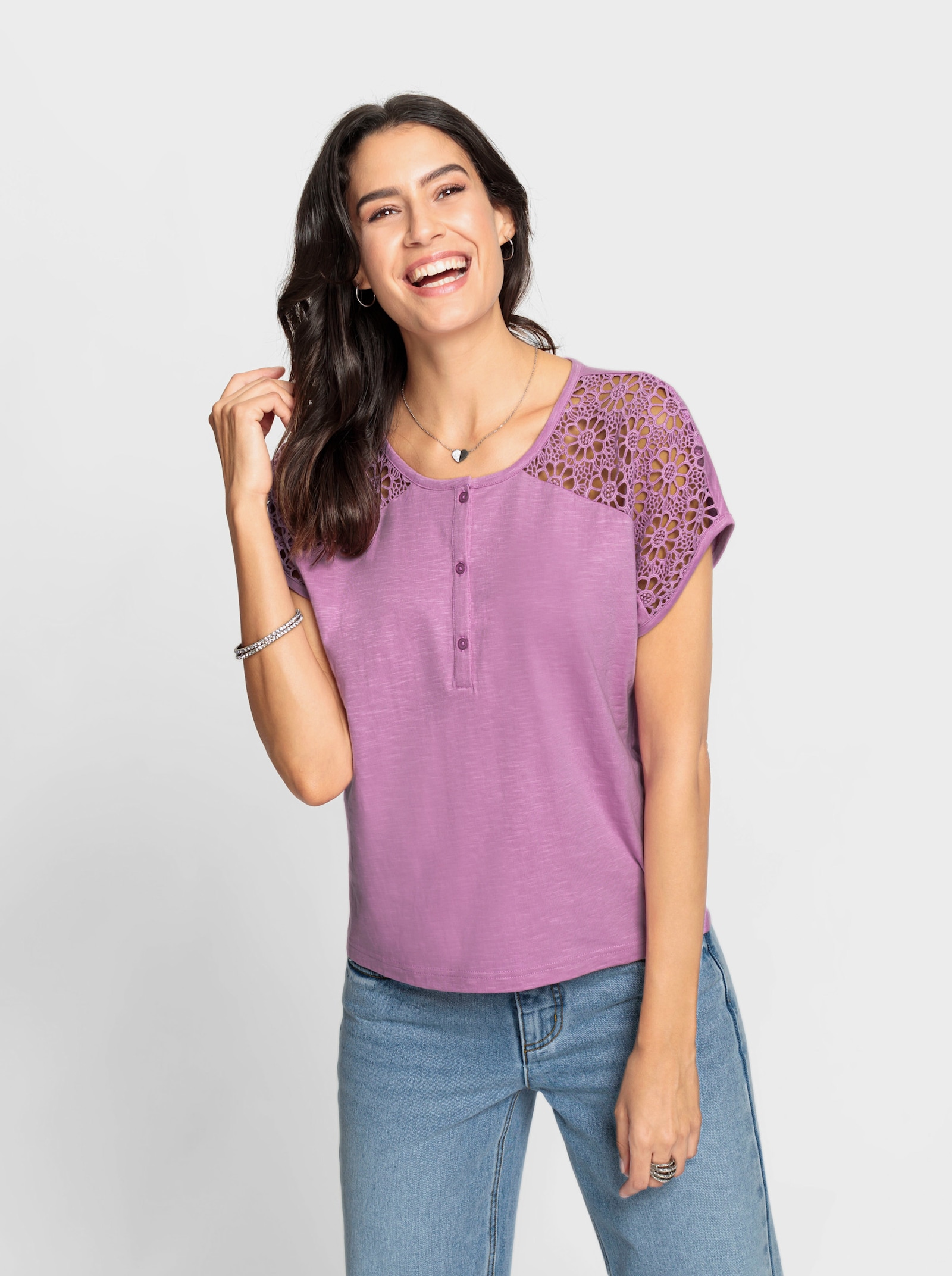 Kanten shirt met knoopsluiting - orchidee