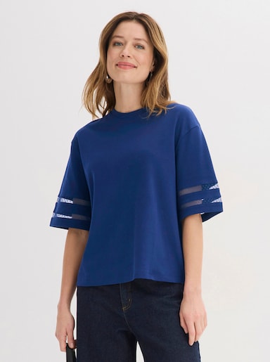 Rundhalsshirt mit transparenten Einsätzen - royalblau