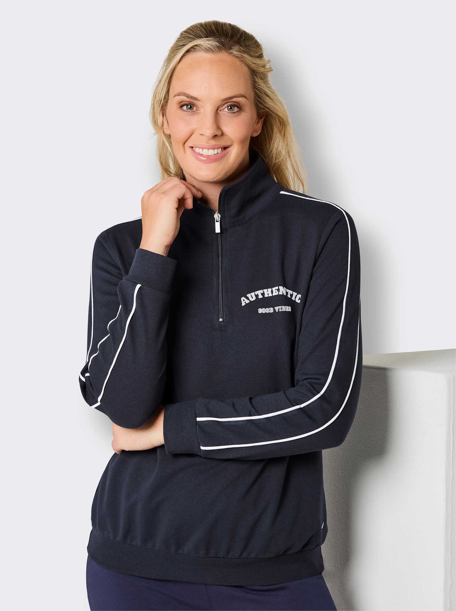 feel good Langarmshirt mit Zipper - marine-weiß