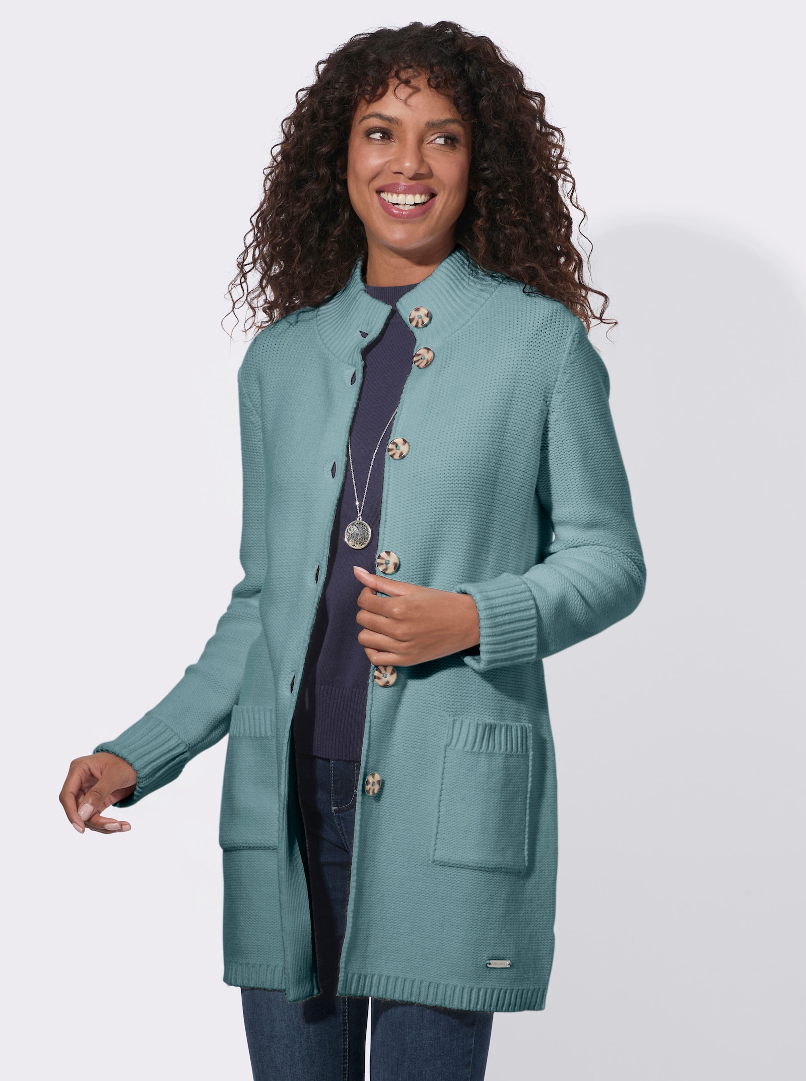 Longstrickjacke im modischen Linksstrick - jade