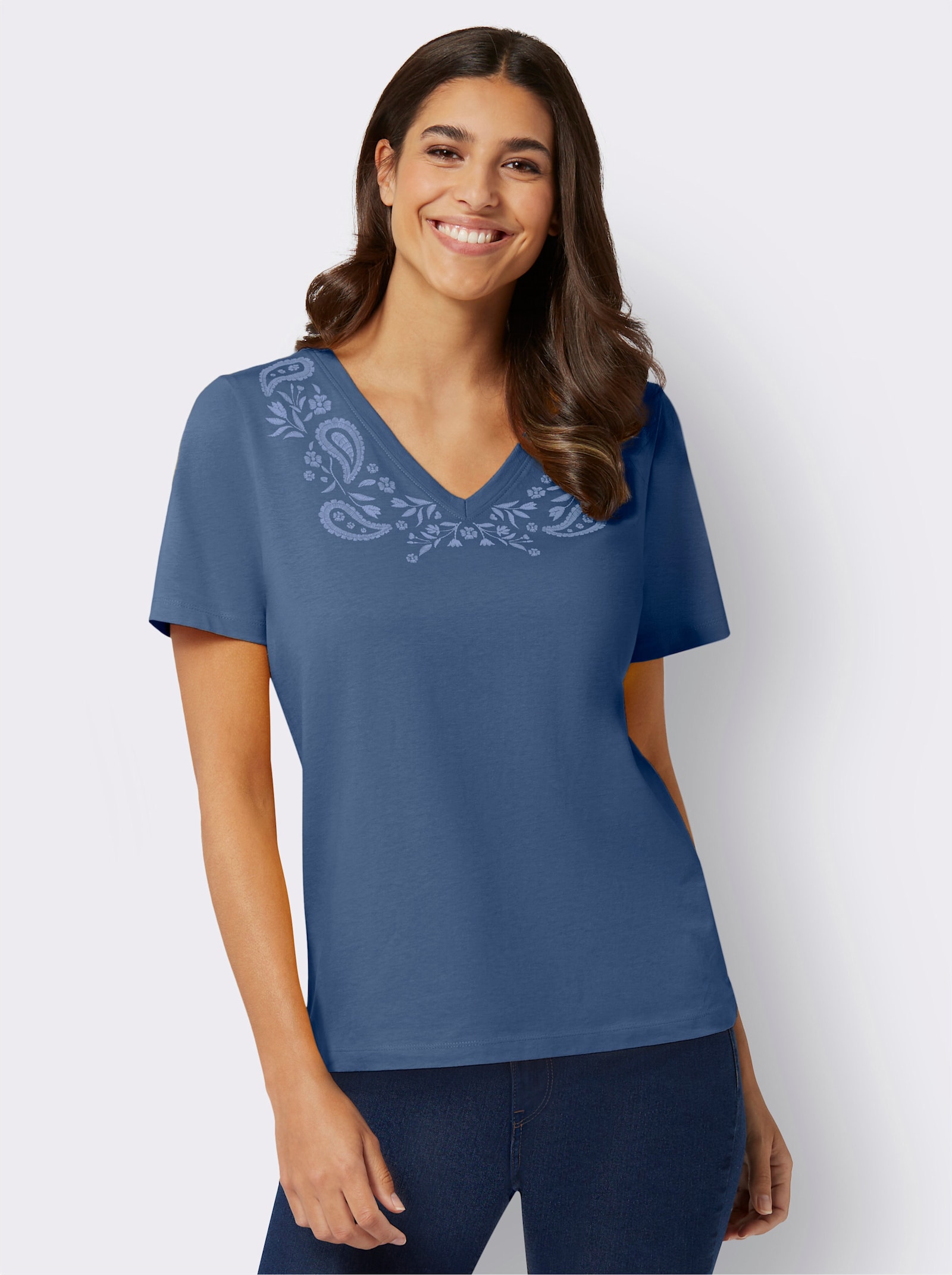 Tričko s výstřihem do V s kašmírovým vzorem - džínová modrá-modrá