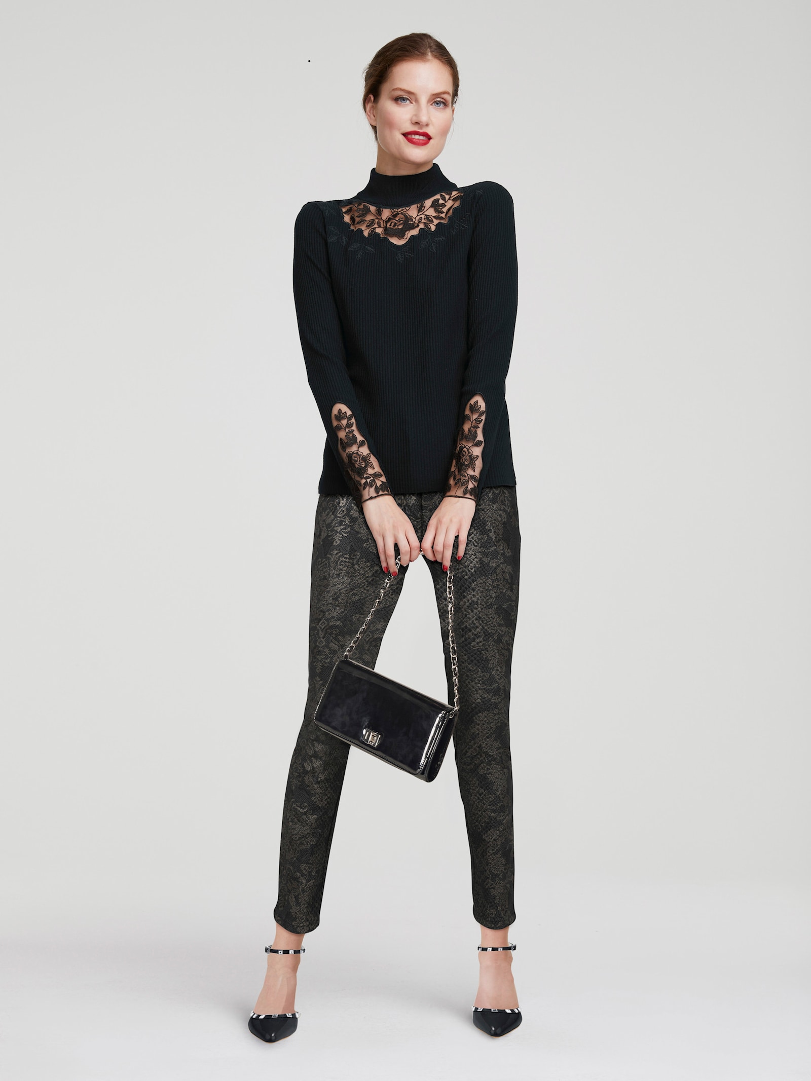 heine Stehkragenpullover mit Spitzen-Einsatz - schwarz