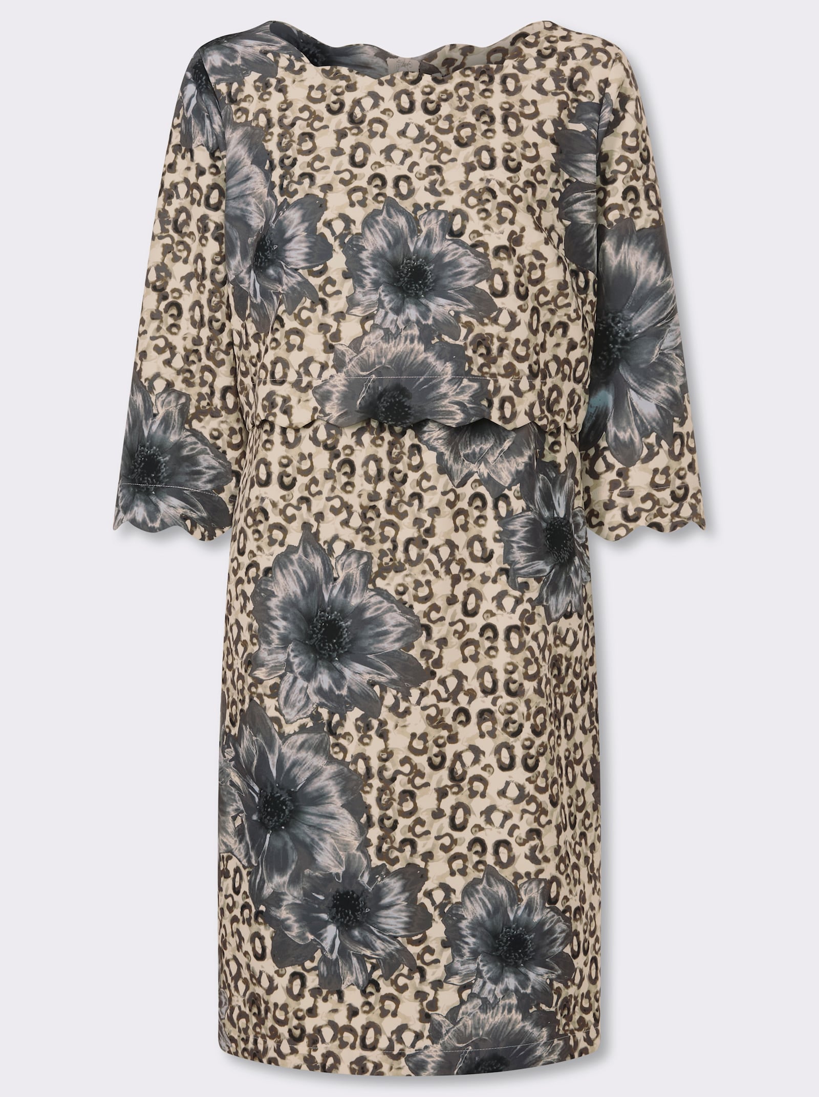 Etuikleid mit gebogten Abschlüssen - sand-hellblau-bedruckt