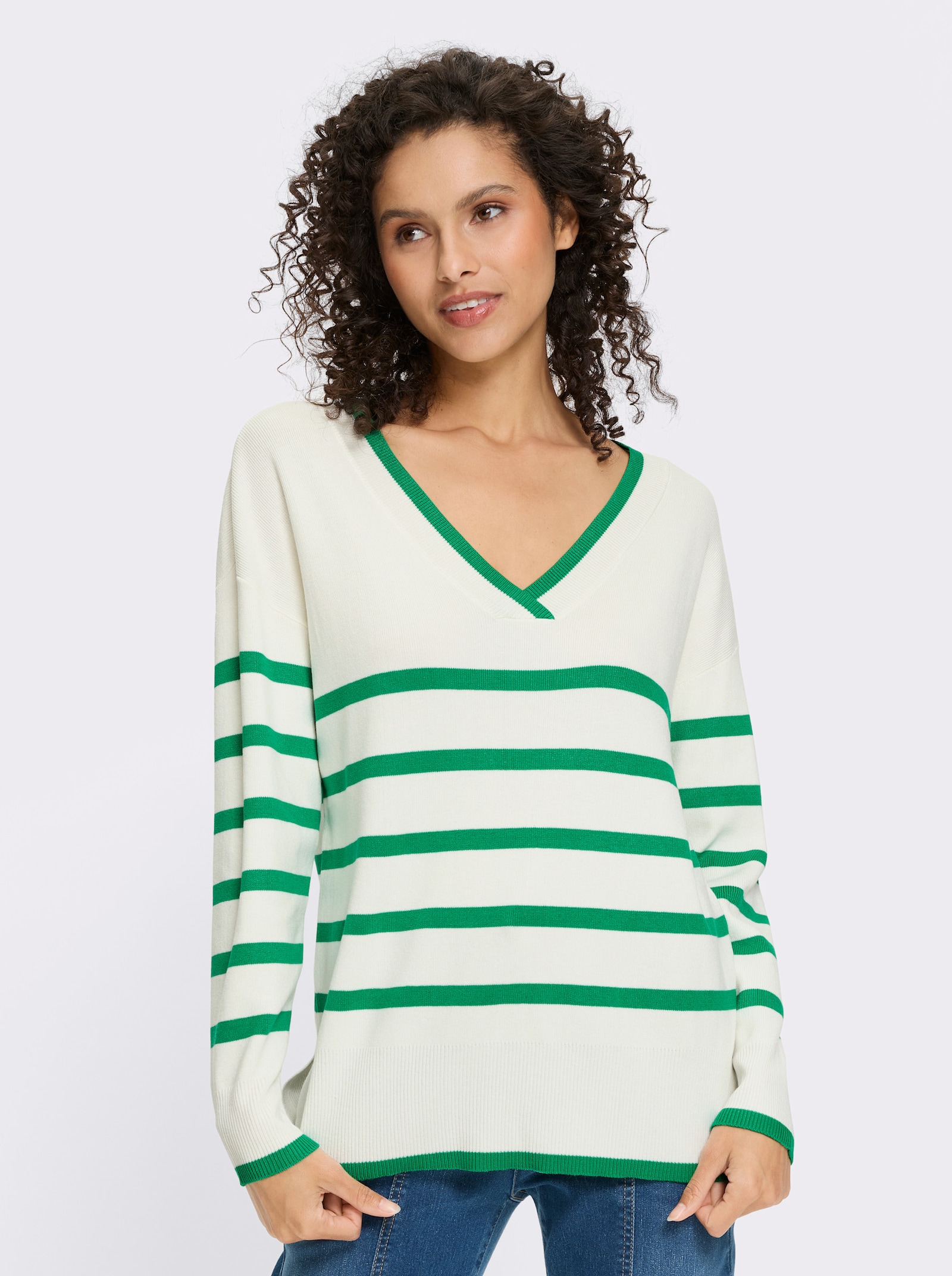 heine Gestreepte pullover met V-hals - grasgroen/ecru gestreept