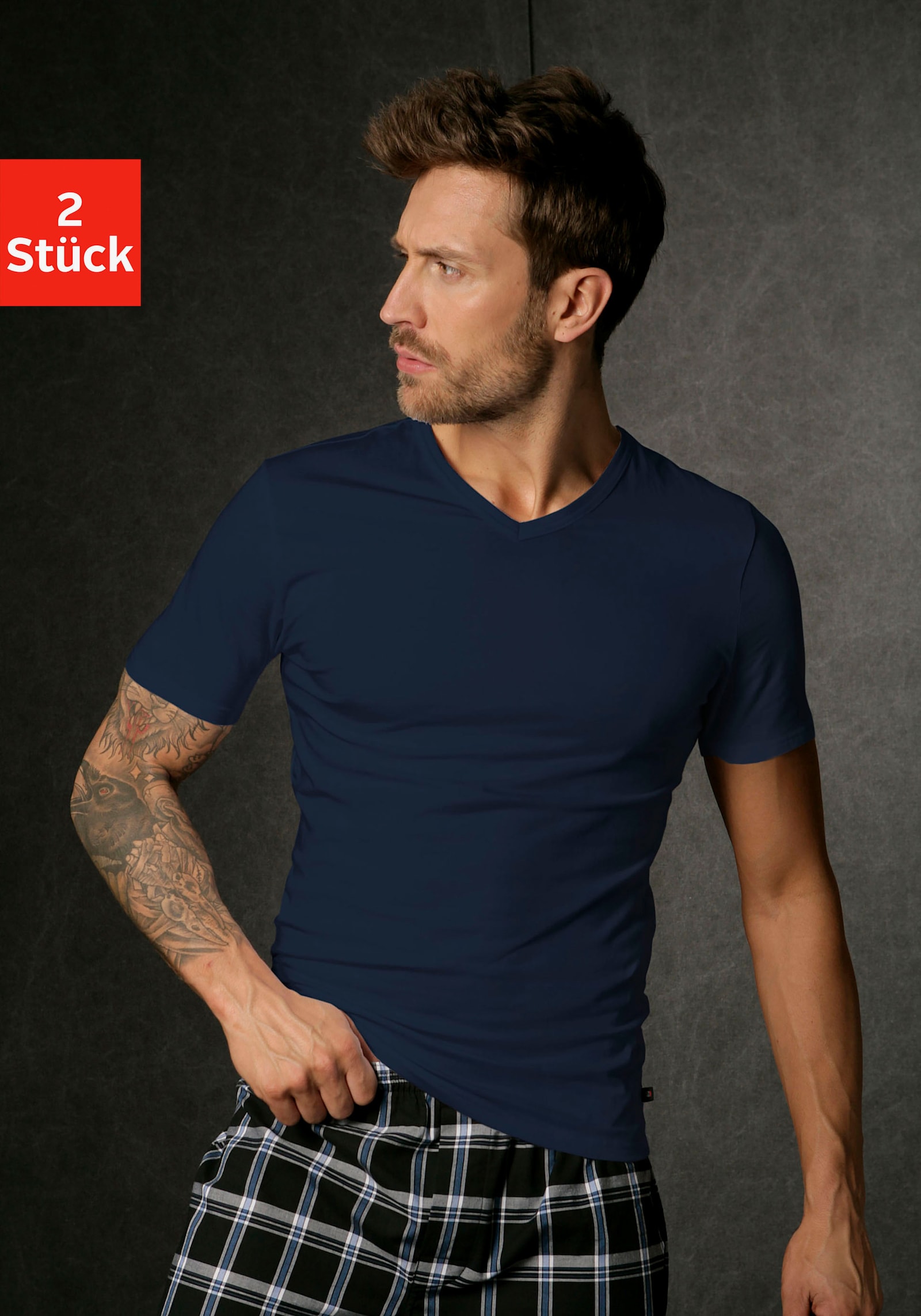 H.I.S Unterziehshirt - marine, grau-meliert