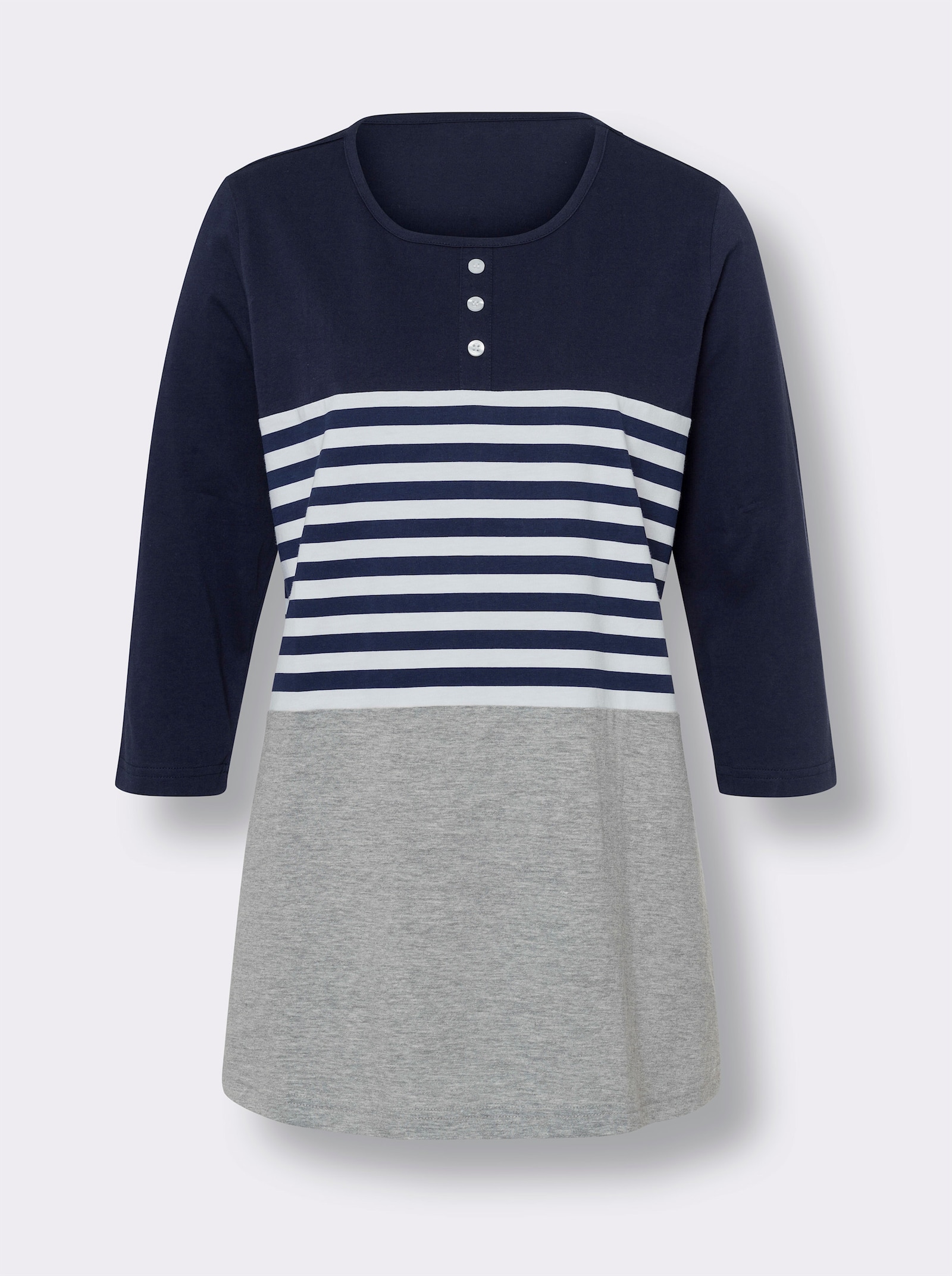 Lång topp med infällda ränder - marin-vit, tryckt