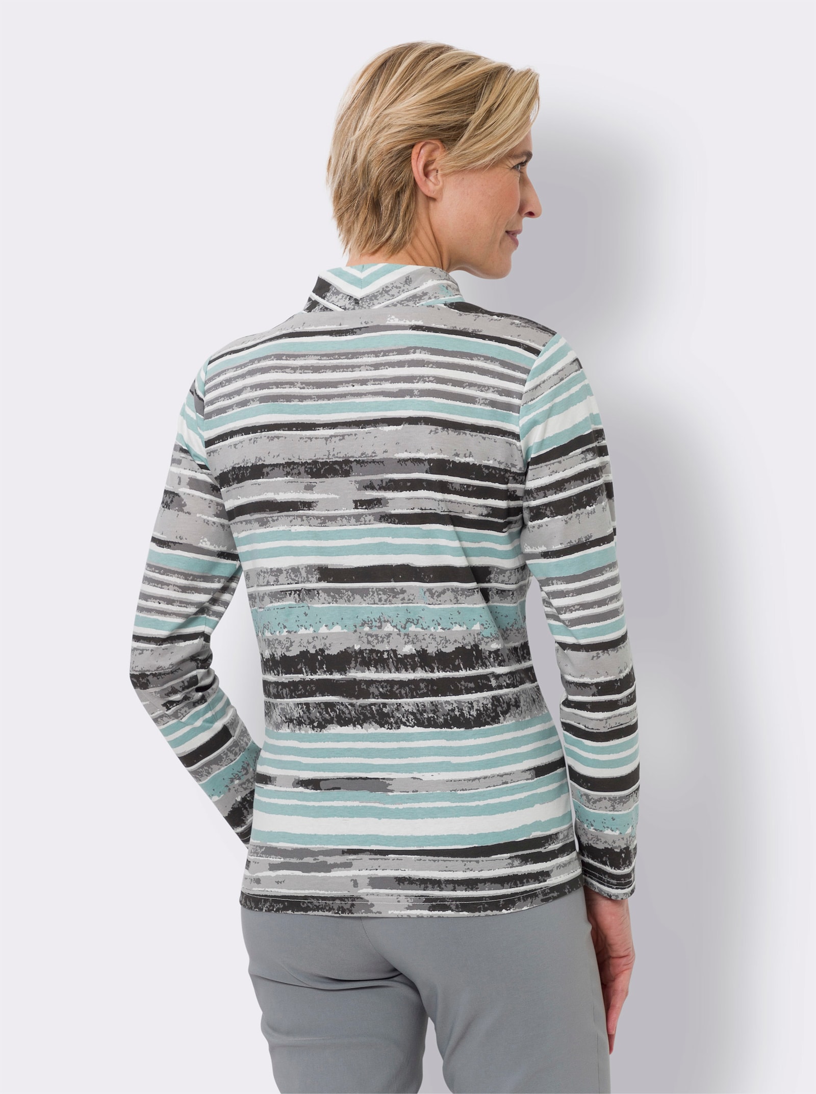 Shirt met opstaande kraag en streeppatroon - steengrijs/salie bedrukt