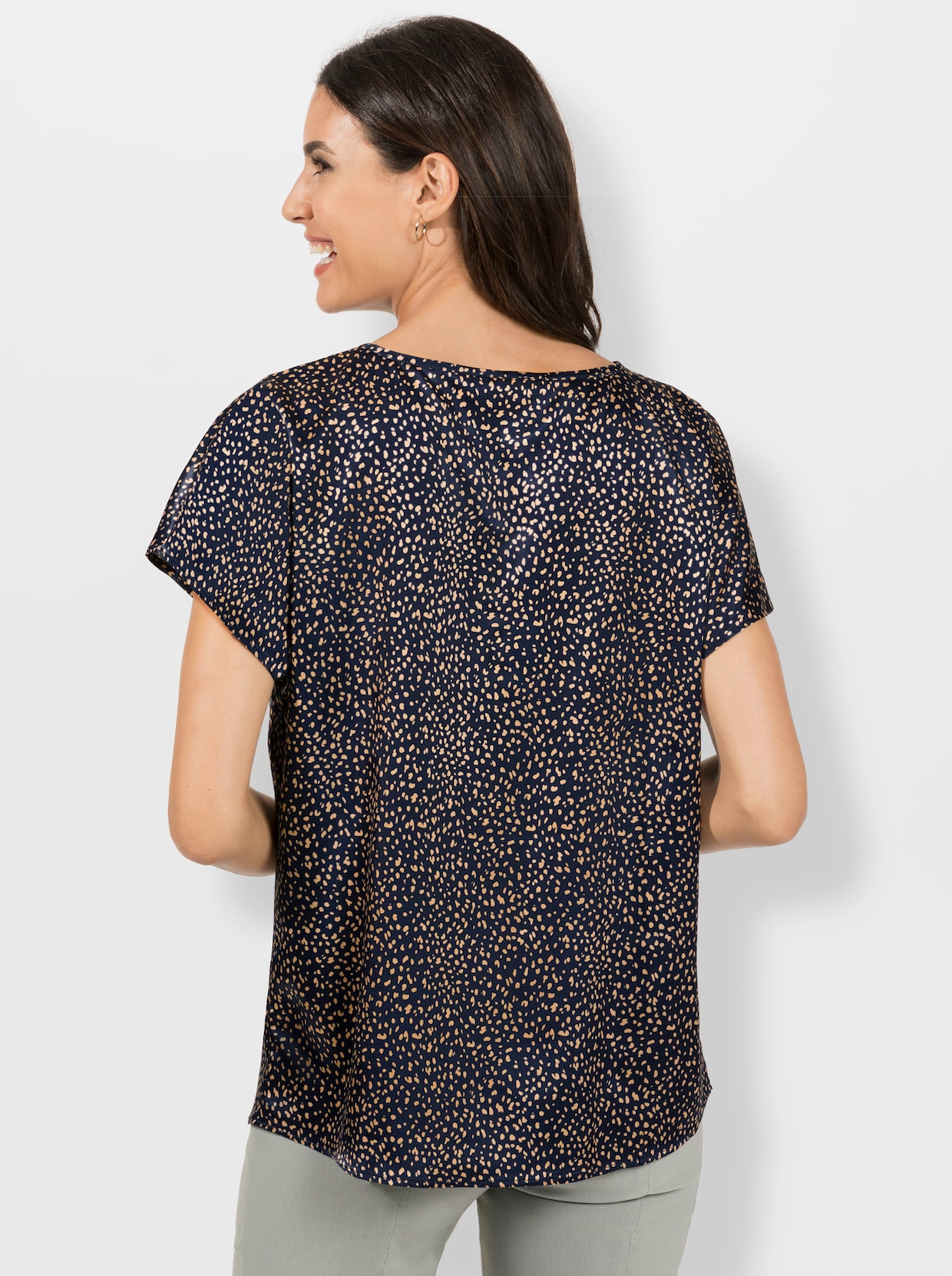 Satinbluse - marine-camel-bedruckt