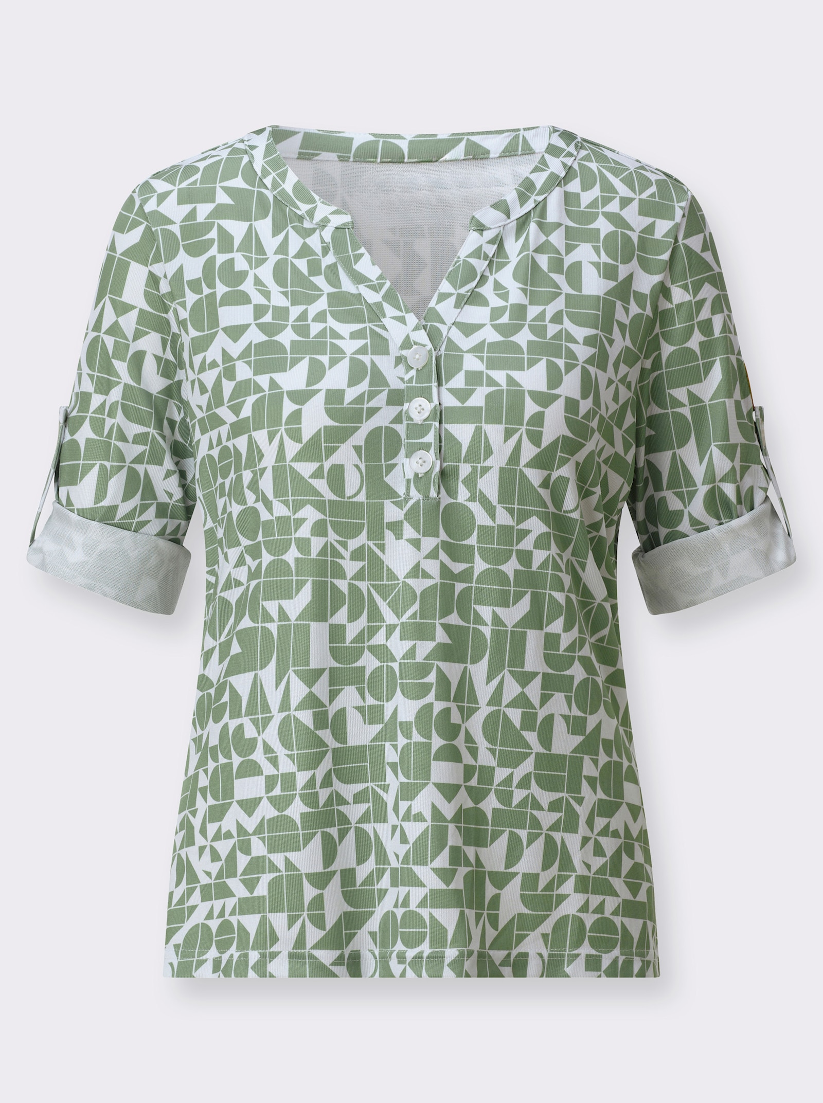 Blusenshirt mit kurzer Knopfleiste - eucalyptus-ecru-bedruckt