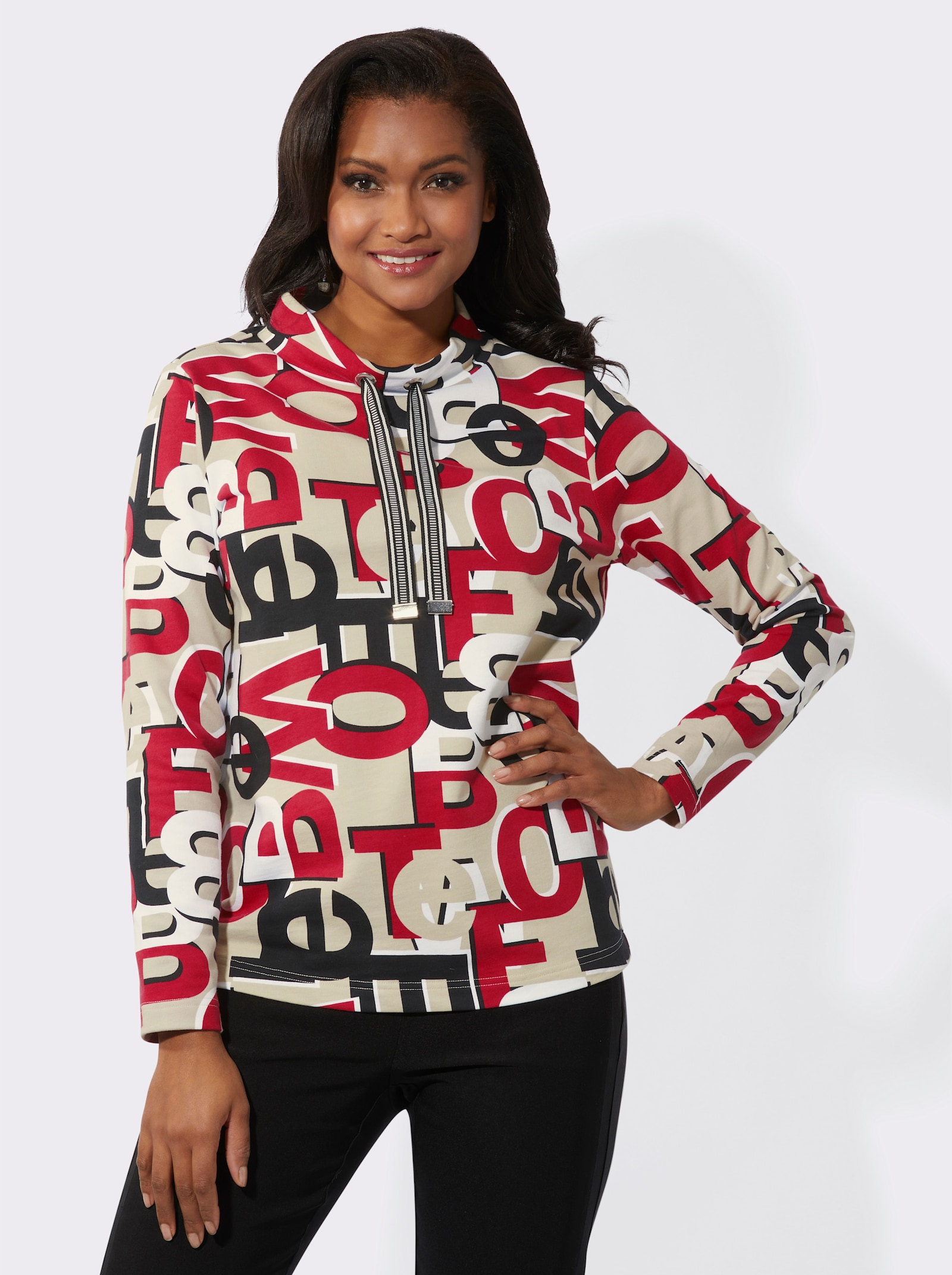 Sweatshirt met wijde opstaande kraag - rood/zwart geprint
