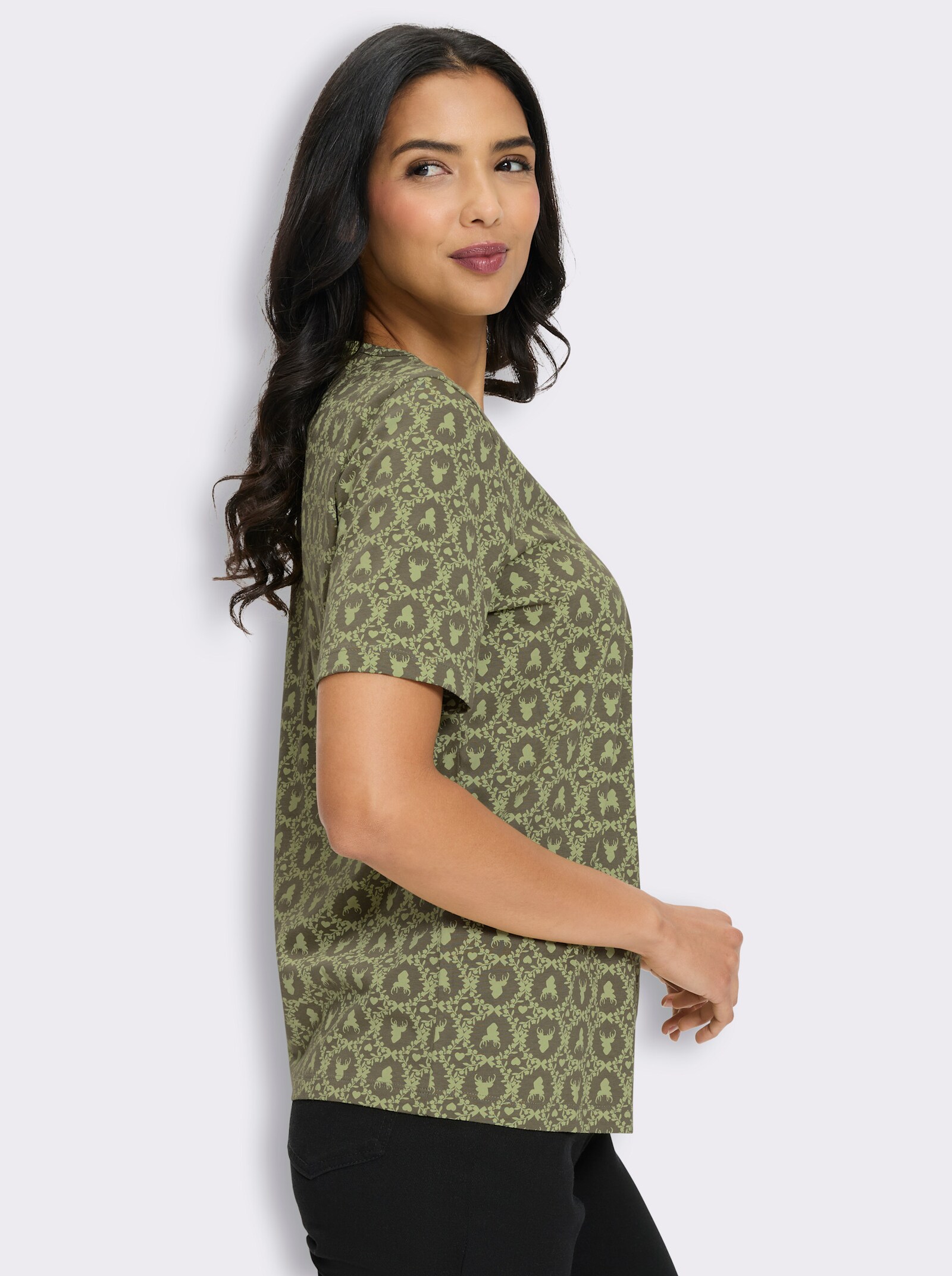 Kurzarmshirt mit Trachten-Print - khaki-lindgrün-bedruckt