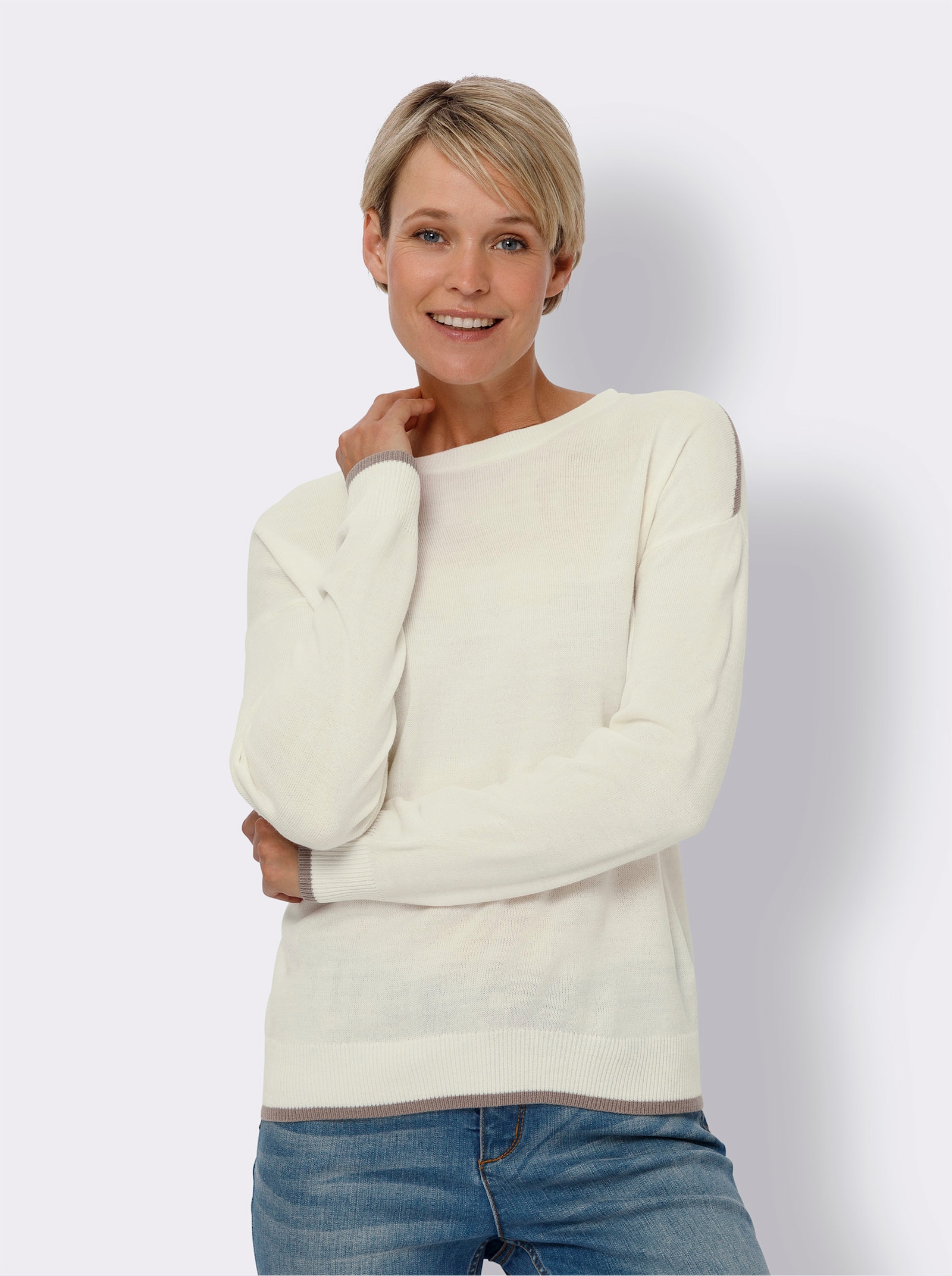 Pullover met lange mouwen en contraststrepen - ecru/taupe