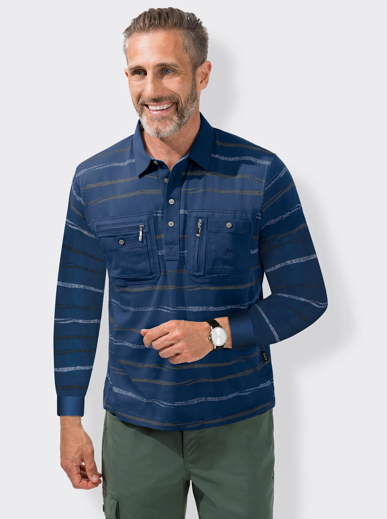 Hajo Langarm-Poloshirt - blau-gestreift