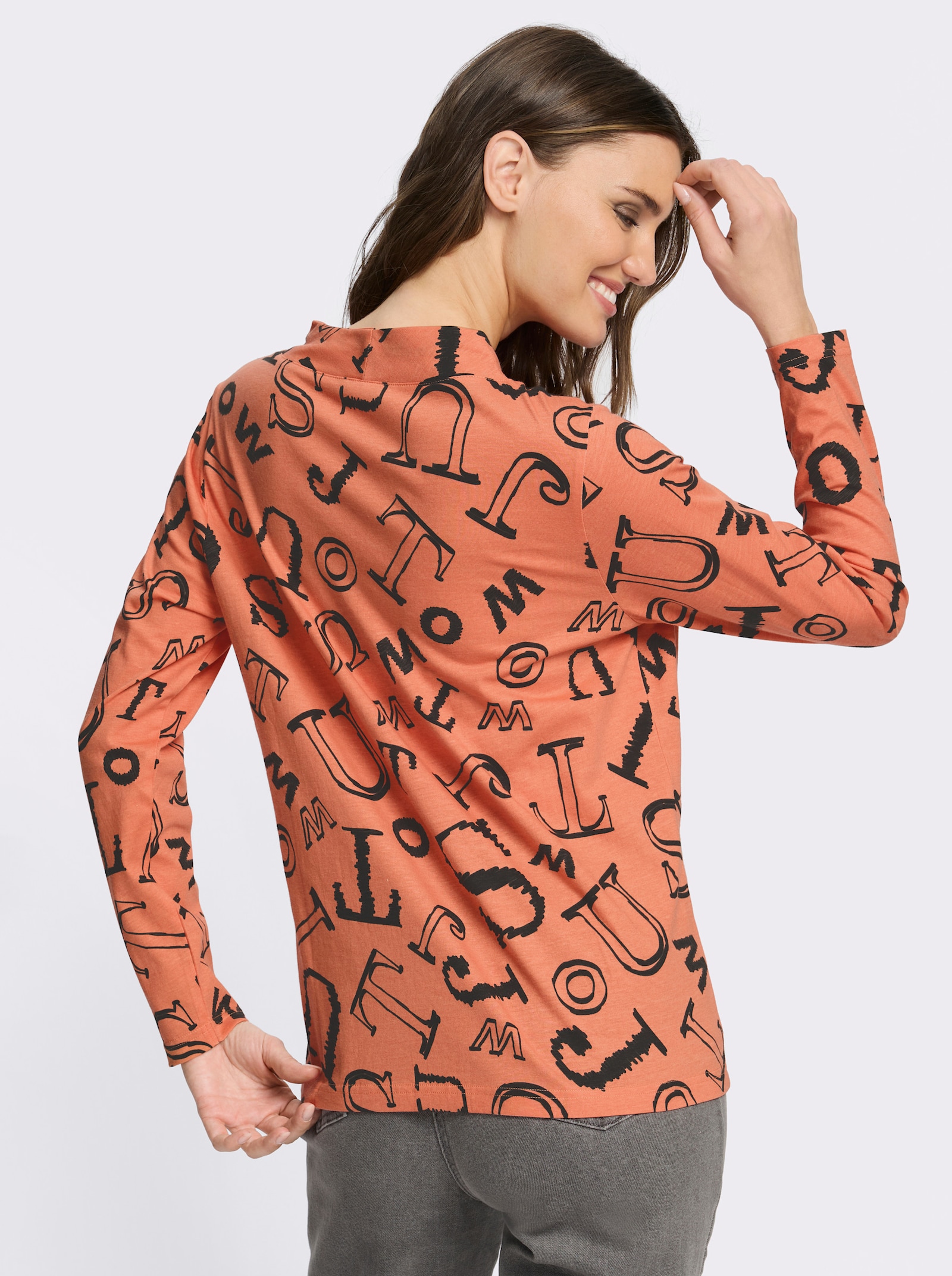 Stehkragenshirt mit Lettering-Print - papaya-schwarz-bedruckt