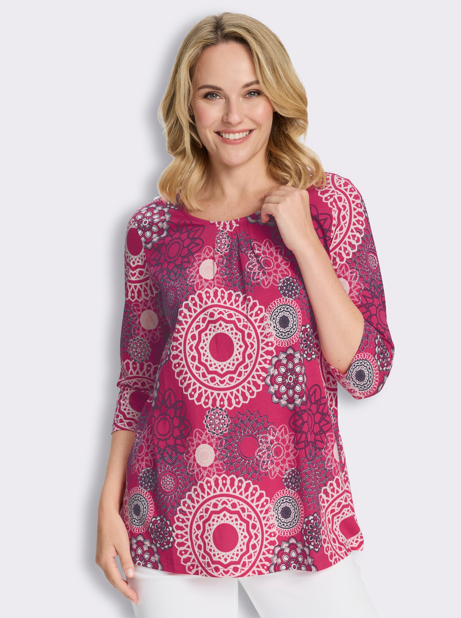 Longshirt mit Falten am Ausschnitt - pink-ecru-bedruckt