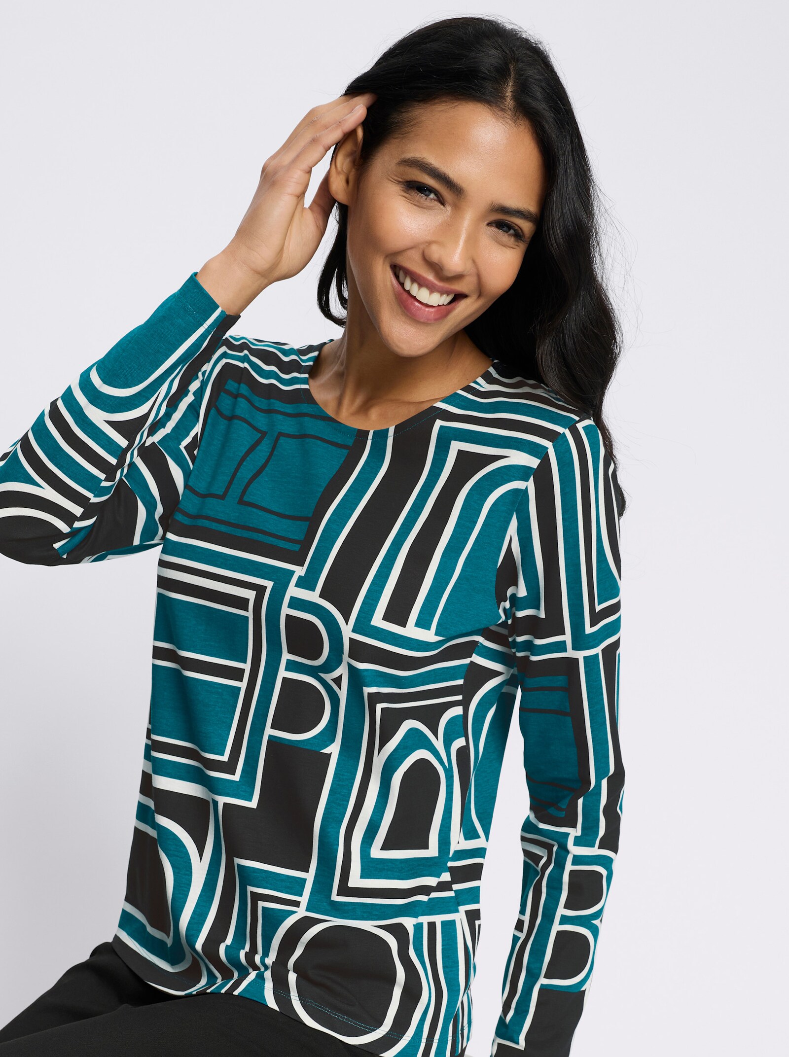 Langarmshirt mit grafischem Druck - aquapetrol-schwarz-bedruckt