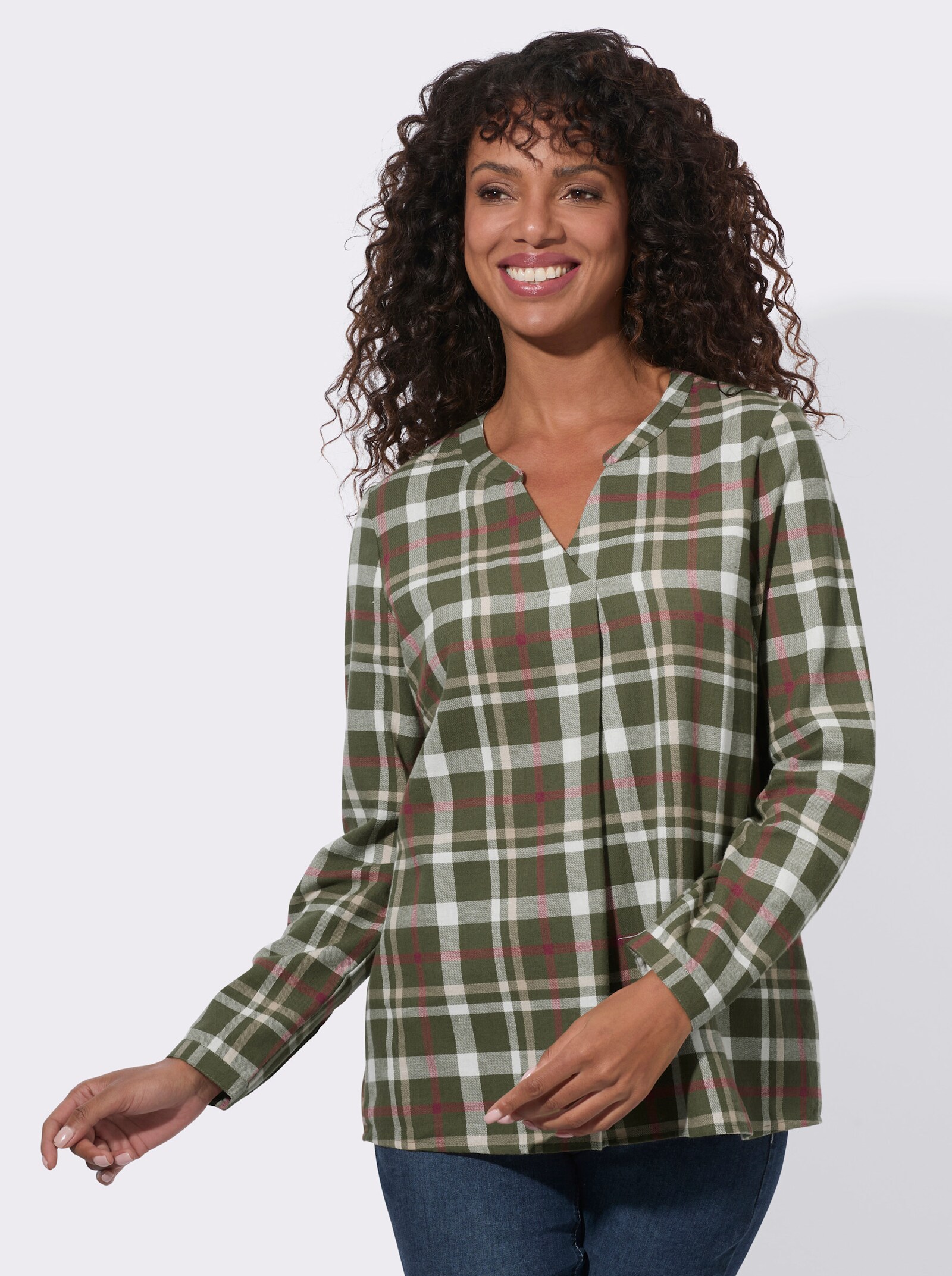 Flanellbluse aus reiner Baumwolle - oliv-rotbraun-kariert