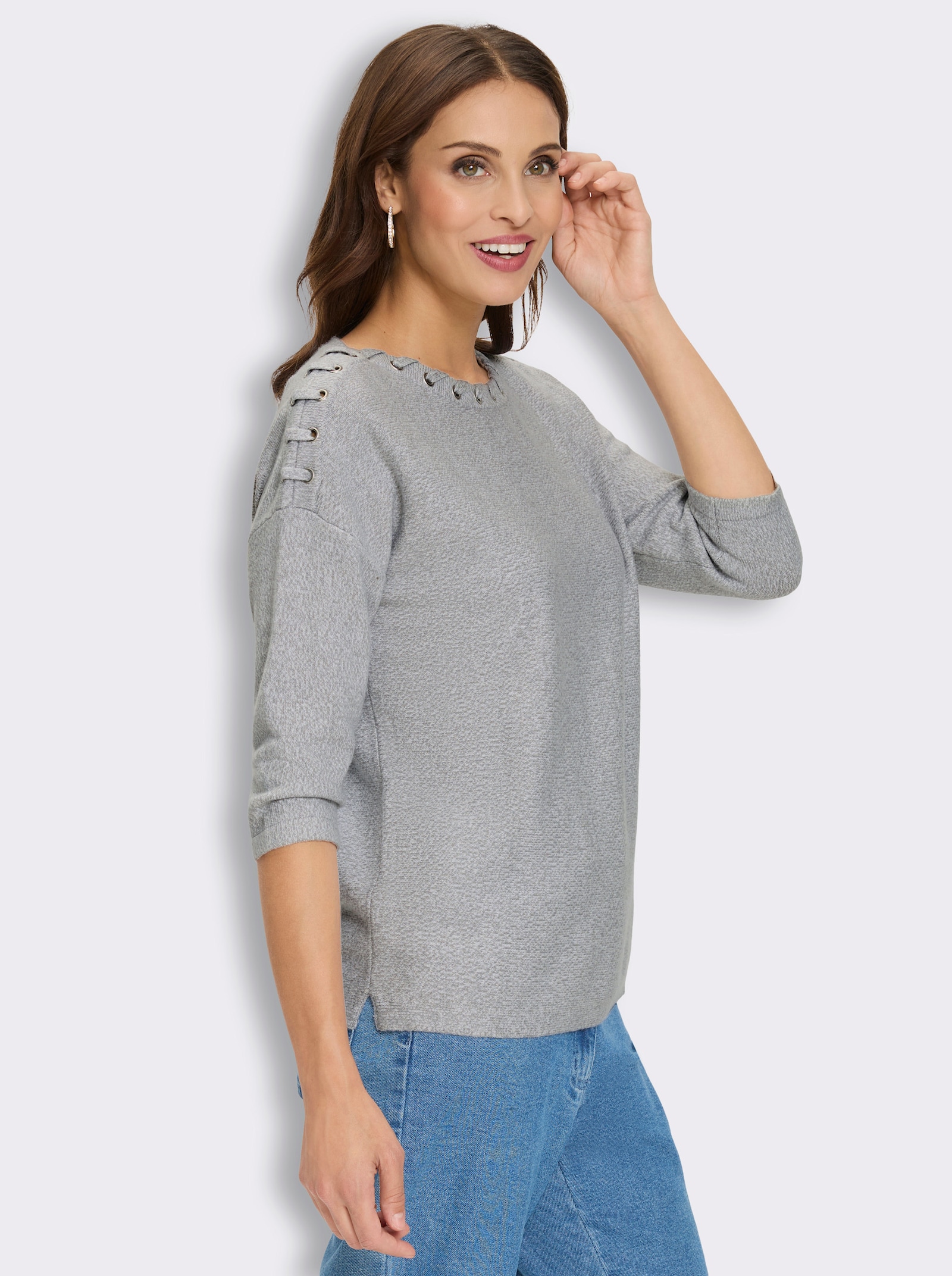 Strickpullover mit Bänderverzierung - steingrau-meliert