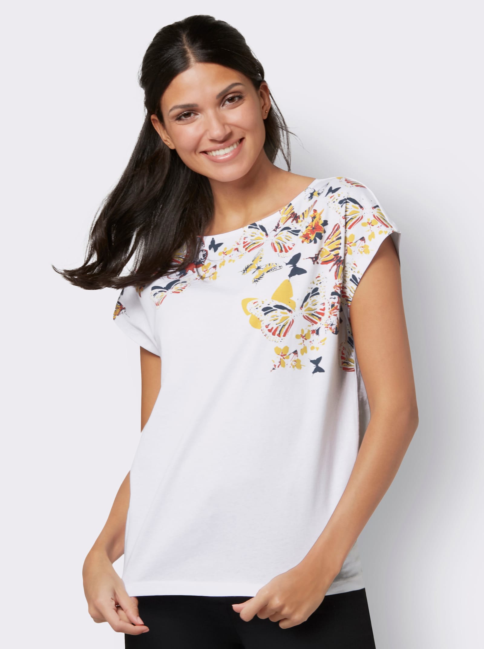 Kurzarmshirt mit Schmetterlings-Druck - weiß-zitrone
