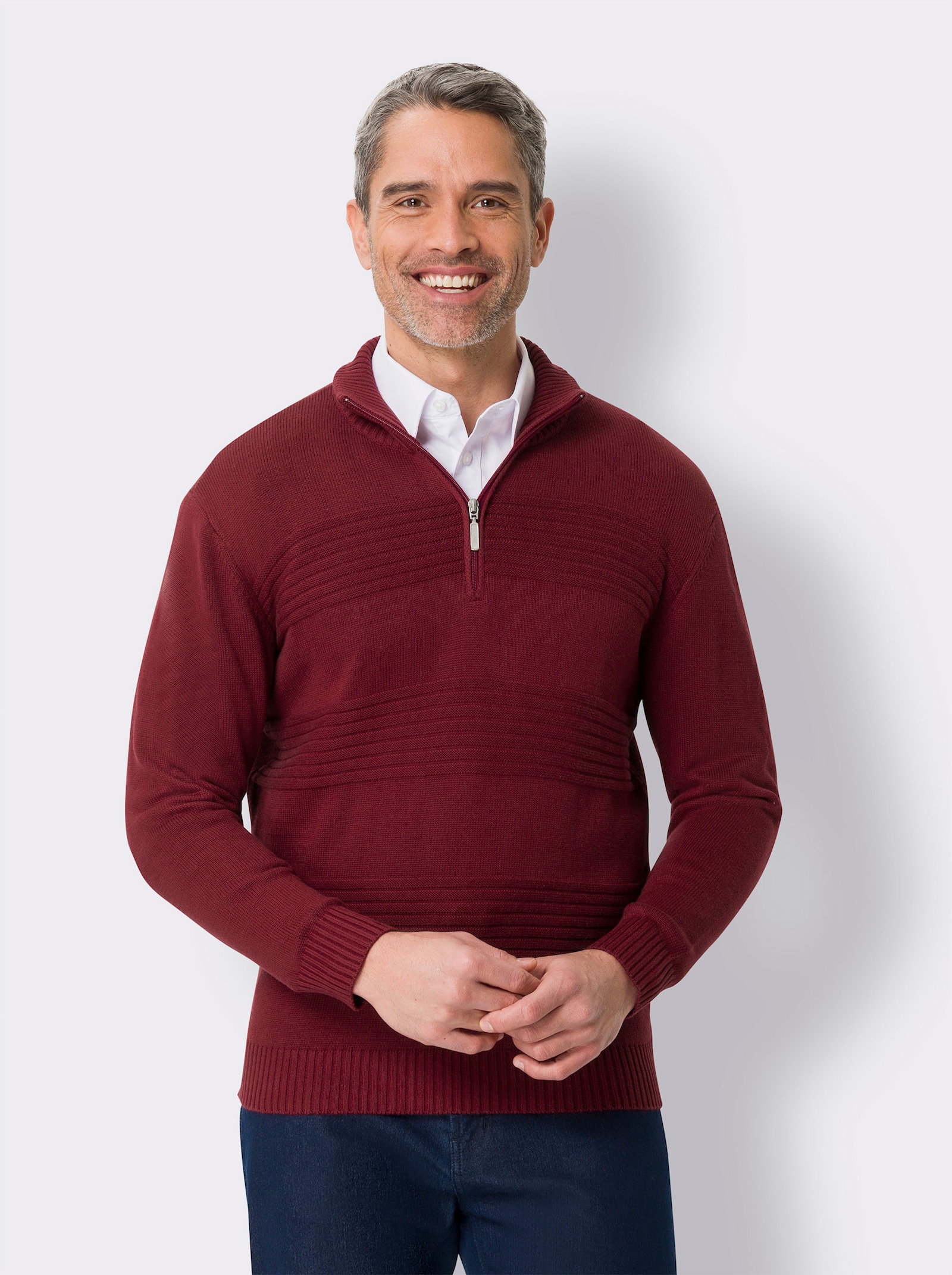 Langarm-Pullover mit Rippenstrickmuster - dunkelrot