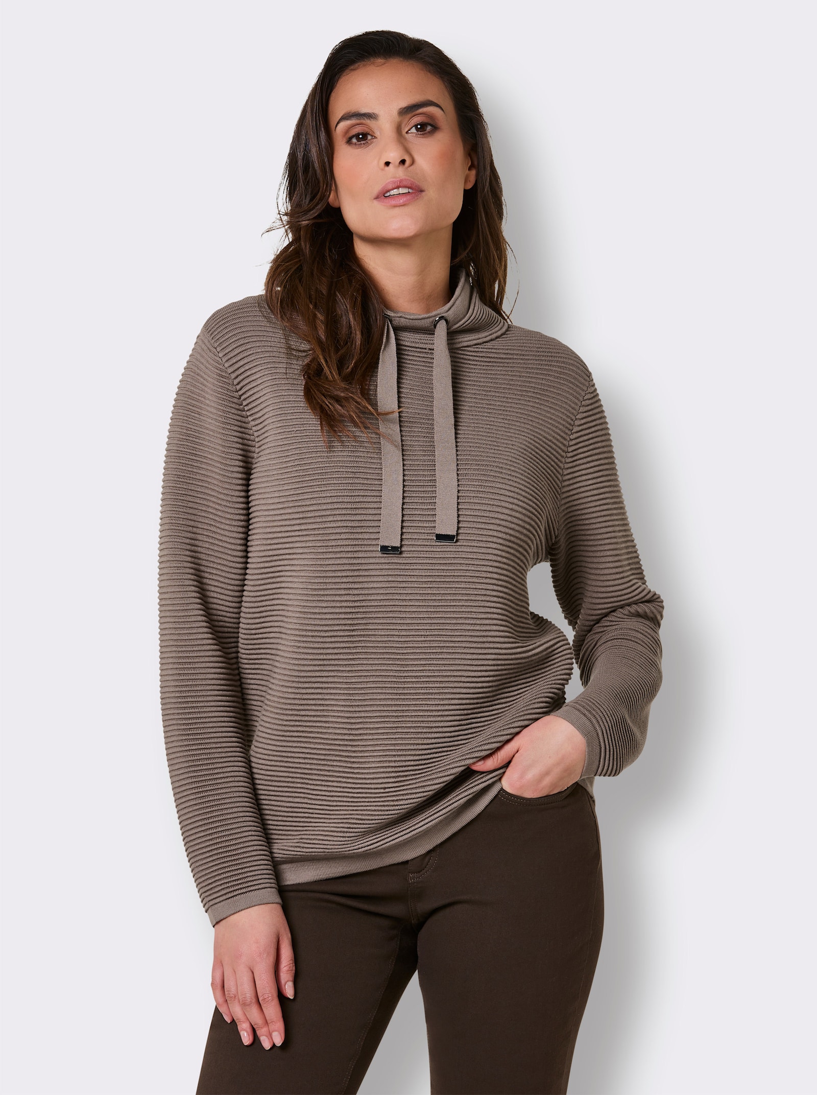 CREATION L PREMIUM Langarm-Pullover mit Ripp-Struktur - sesam-meliert