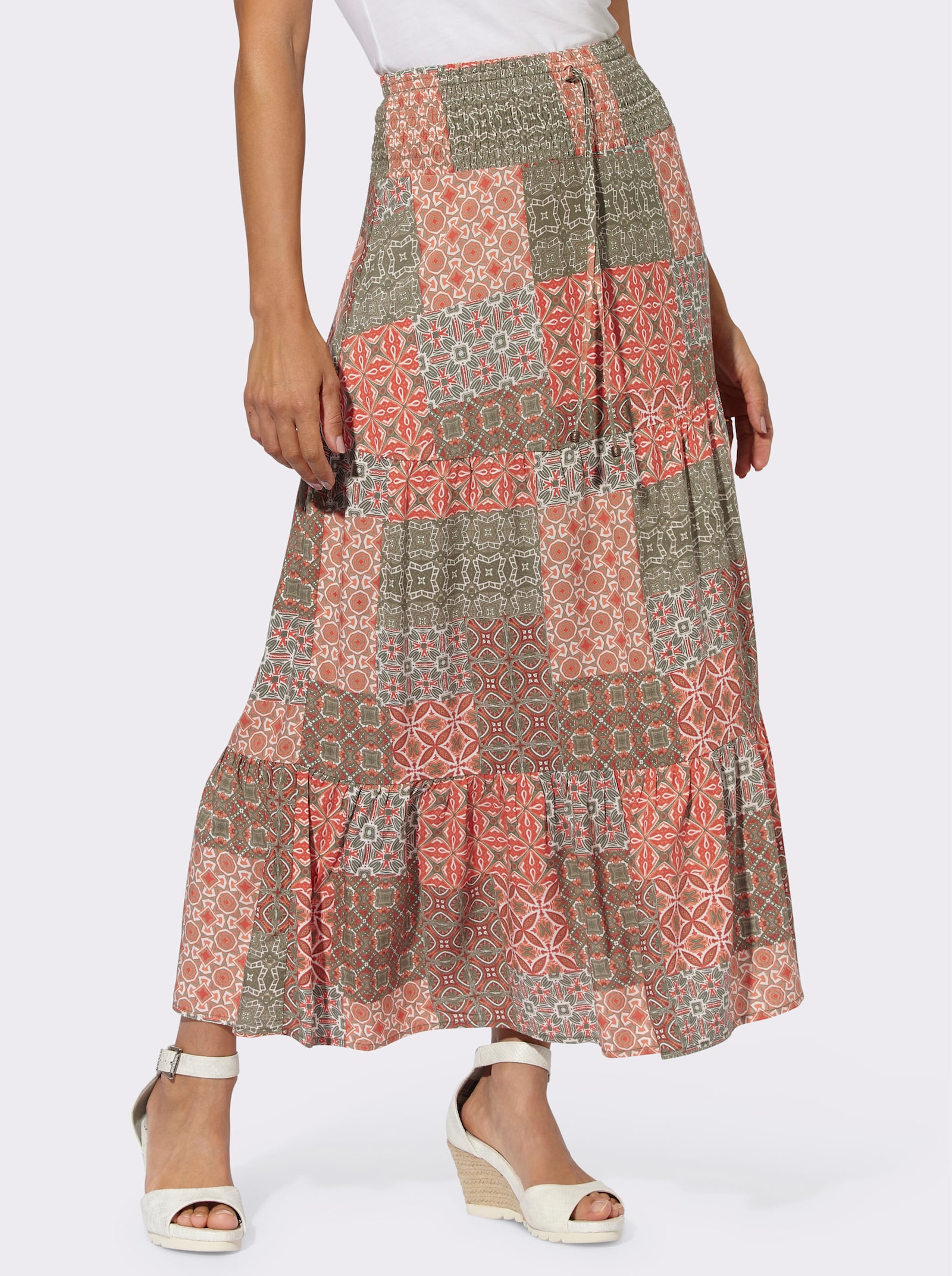 Stufenrock mit Smok-Bund - papaya-khaki-bedruckt