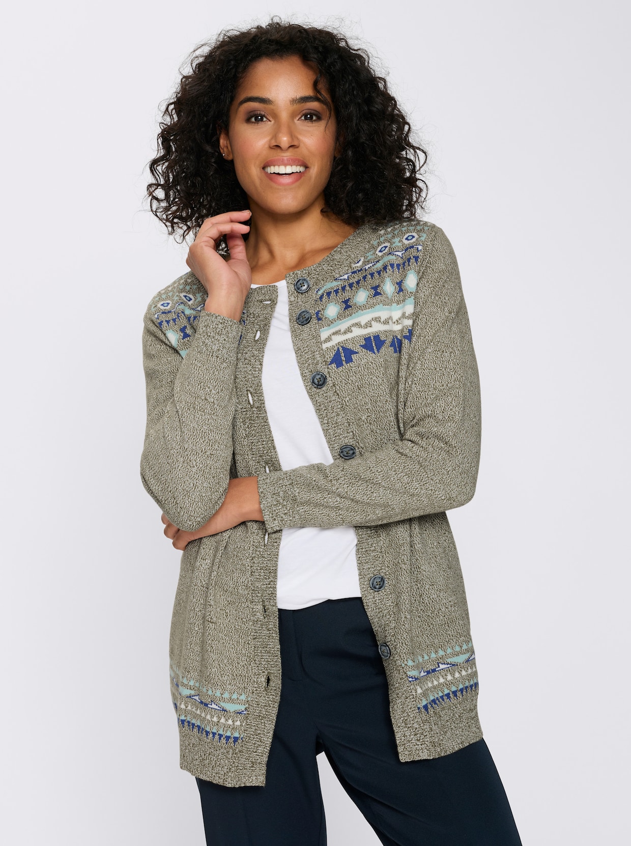 Longstrickjacke im Norweger-Muster - oliv-royalblau-gemustert