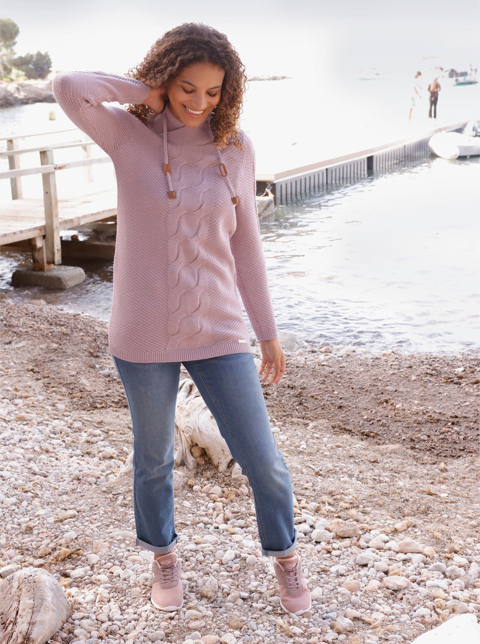  Longpullover mit Zopfmuster - mauve-meliert