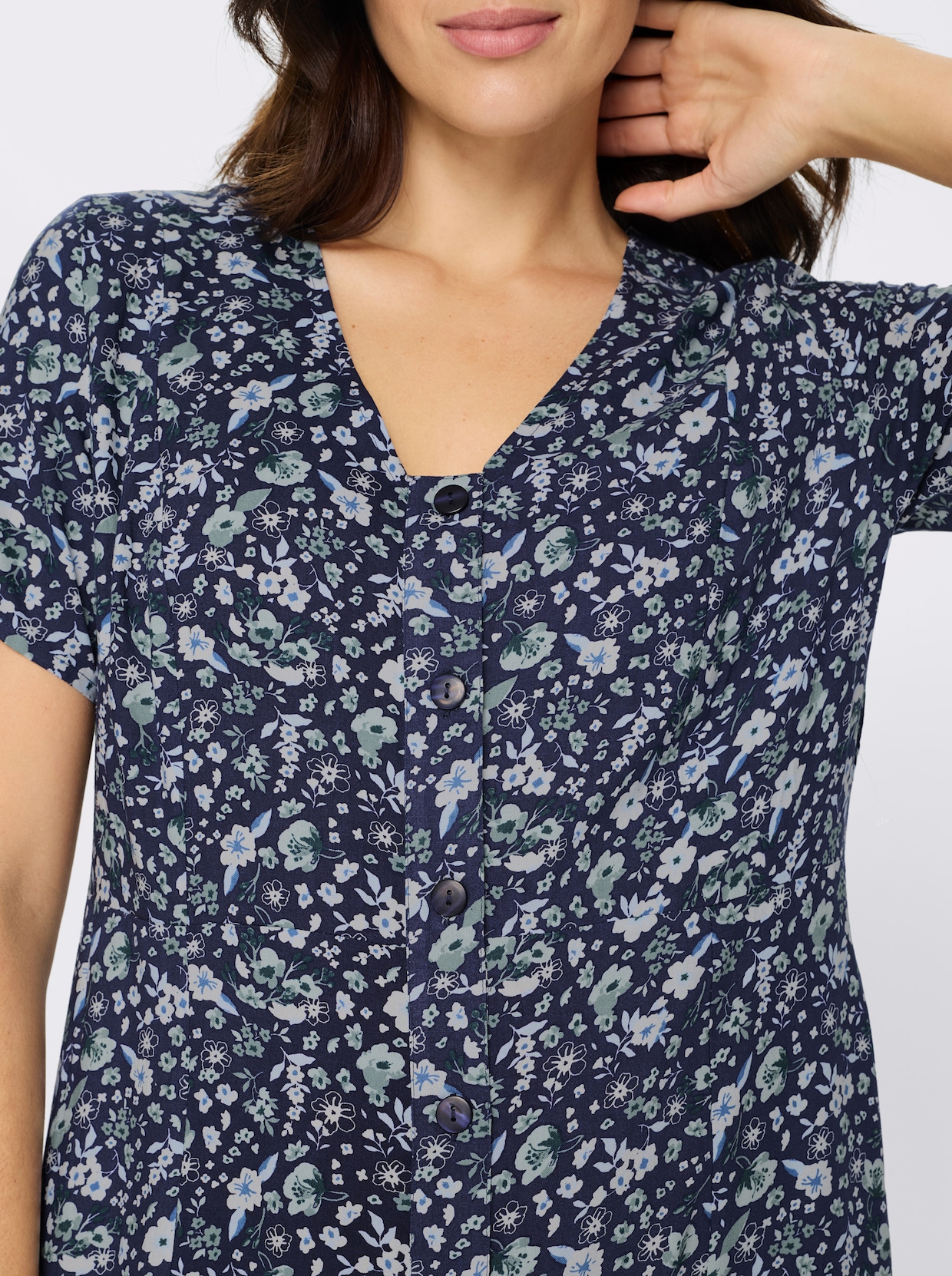 Webkleid aus reiner Viskose - marine-jade-bedruckt