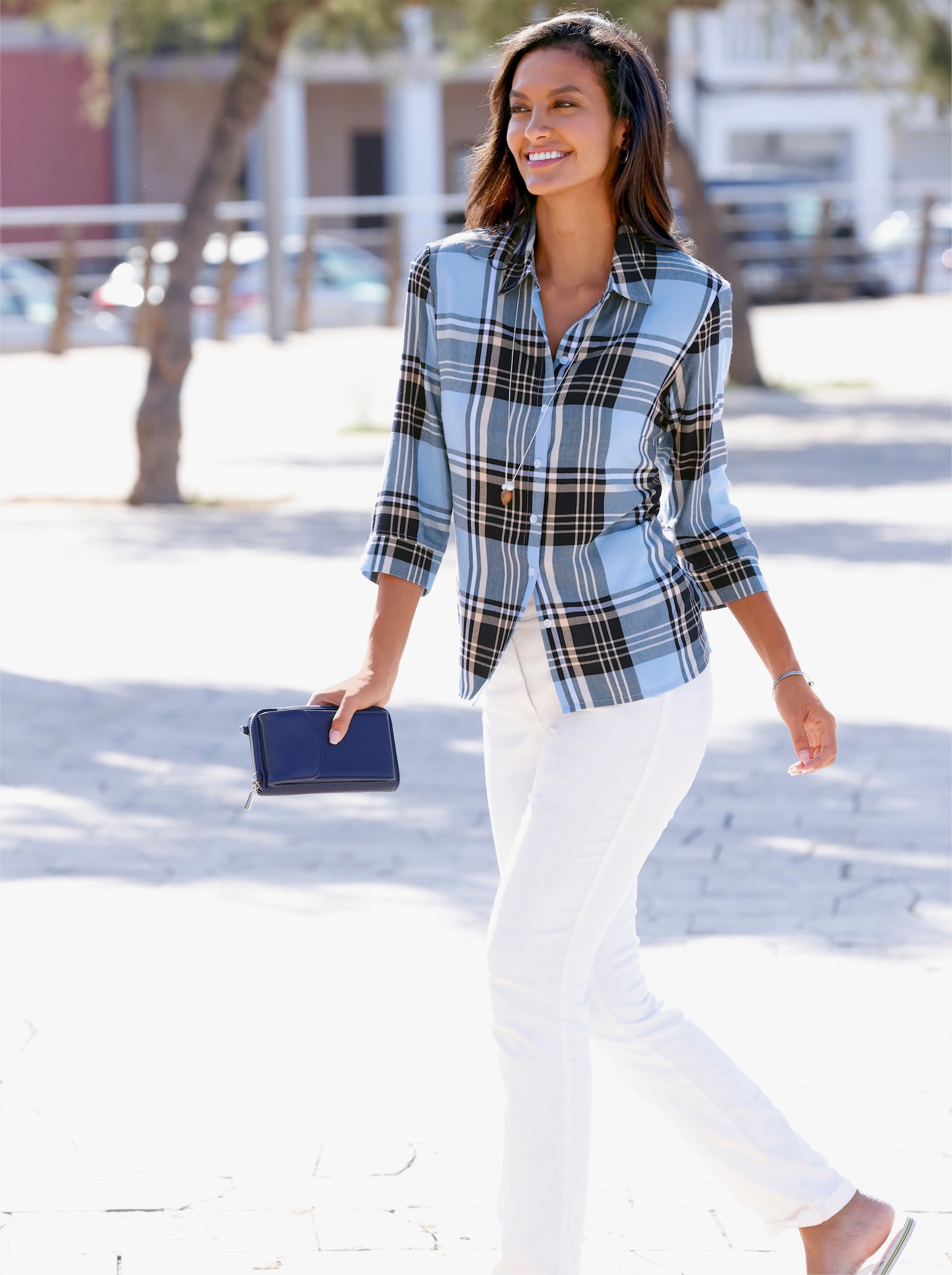 Karobluse mit 3/4-Ärmeln - eisblau-apricot-kariert