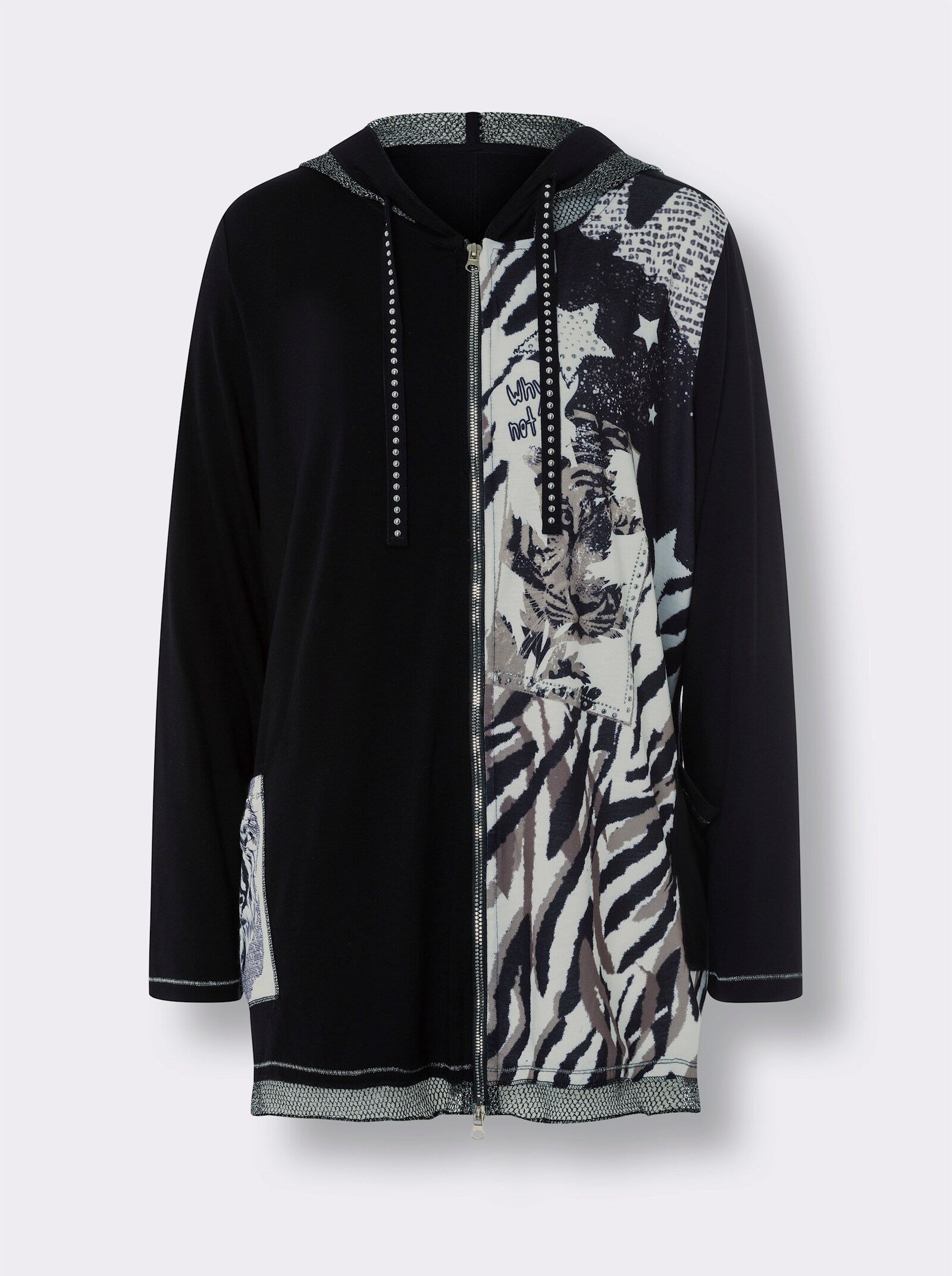 heine Shirtjacke mit Glitzersteinchen - weiß-schwarz-bedruckt