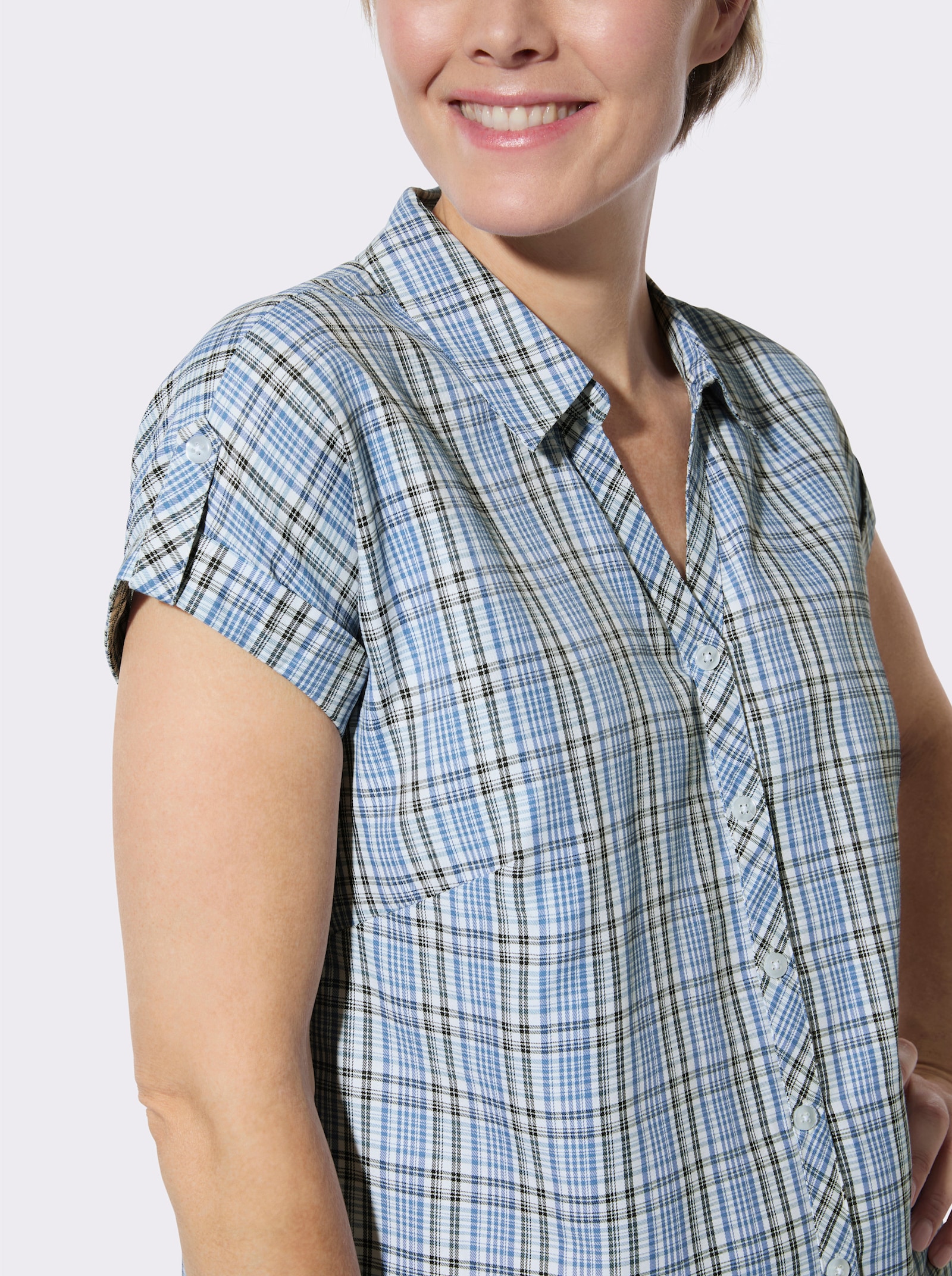 Karobluse mit Hemdkragen - mittelblau-weiß-kariert