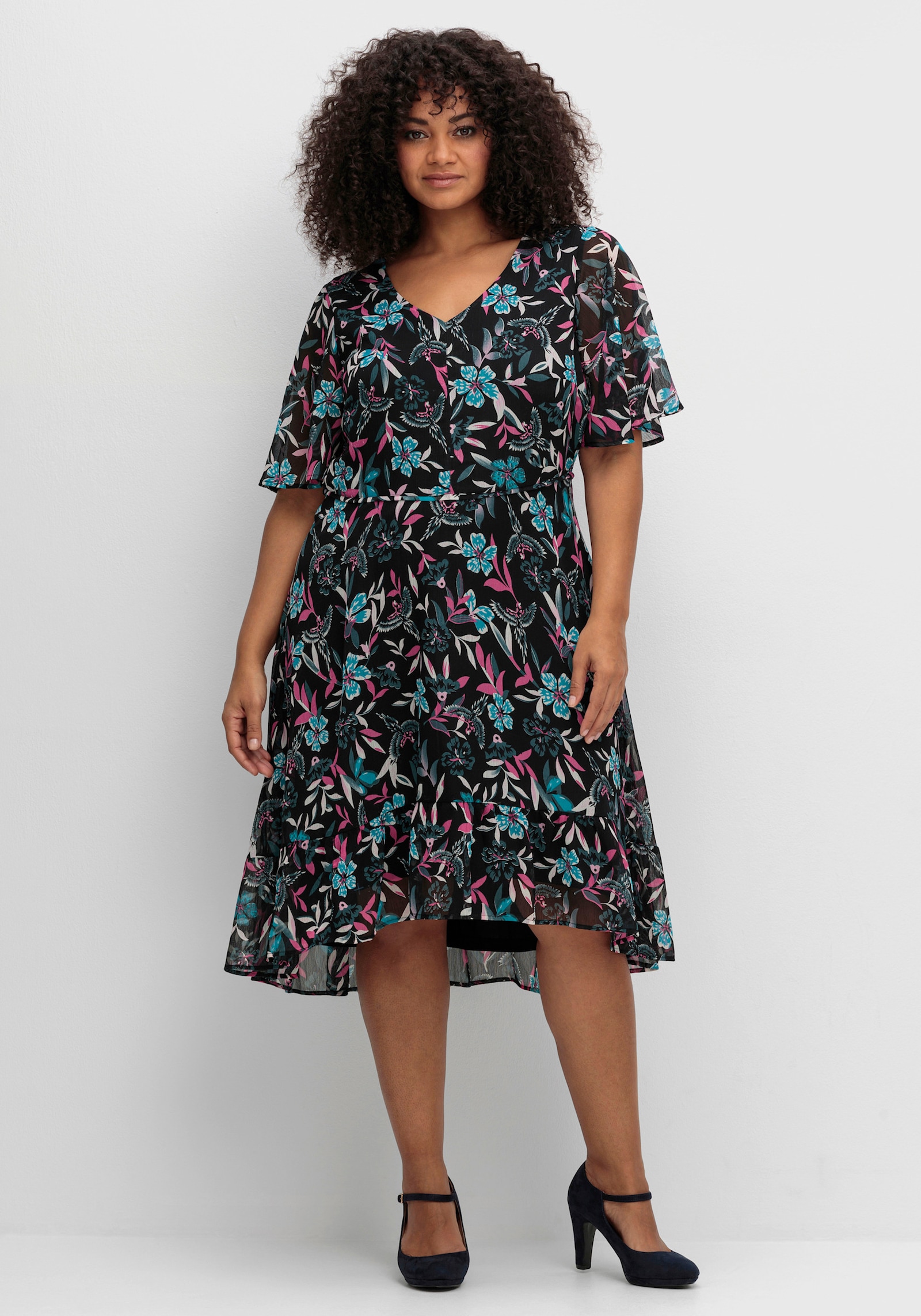 sheego by Joe Browns Chiffonkleid mit Blumendruck und Flügelärmeln - dunkelpetrol-gemustert