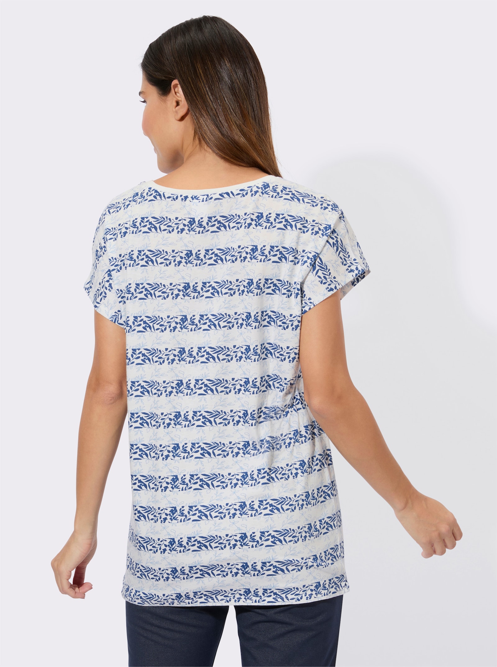 Kurzarmshirt mit floralem Streifendruck - ecru-royalblau-bedruckt