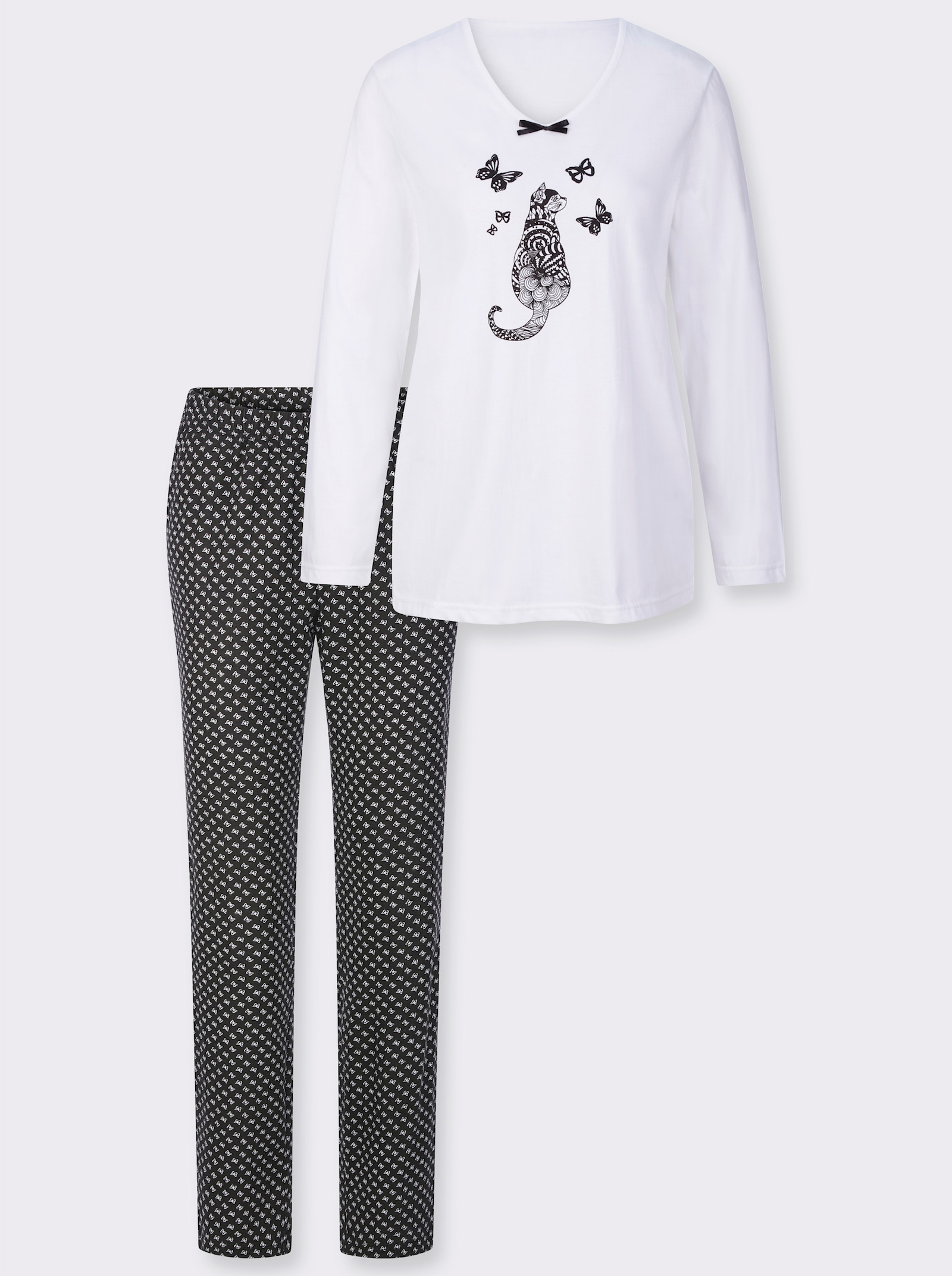 Pyžamo a kočičím motivem - bílá-černá-potisk