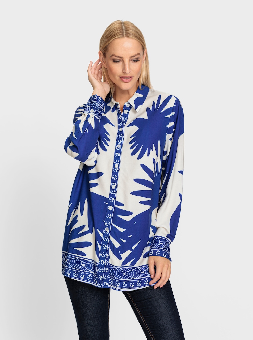 Poloshirt met lange mouwen en print in donkerblauw/cognac bedrukt | Witt Poloshirt met lange mouwen en print in donkerblauw/cognac bedrukt | Witt
