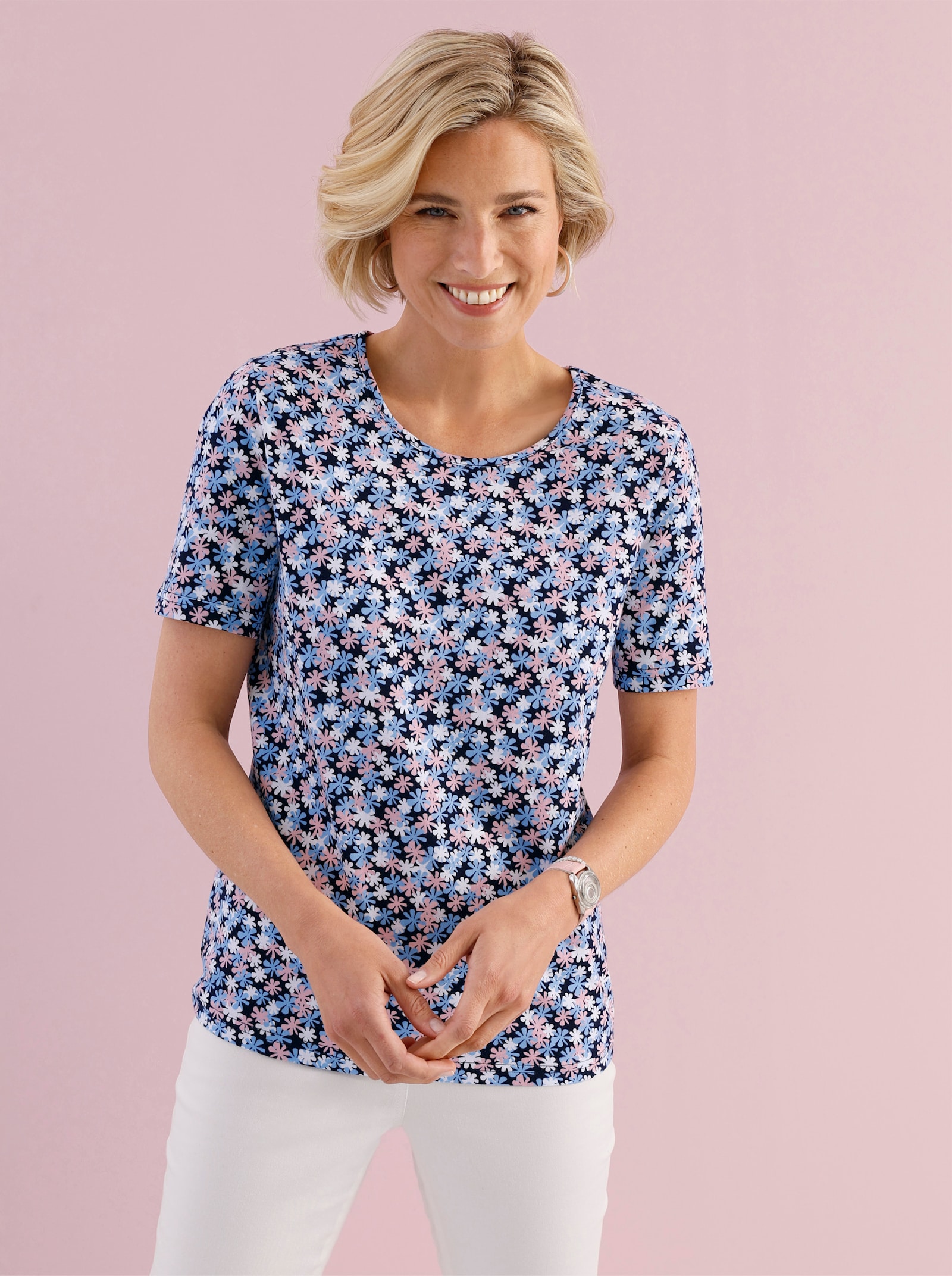 Shirt met korte mouwen en millefleurs-patroon - wit/marine geprint