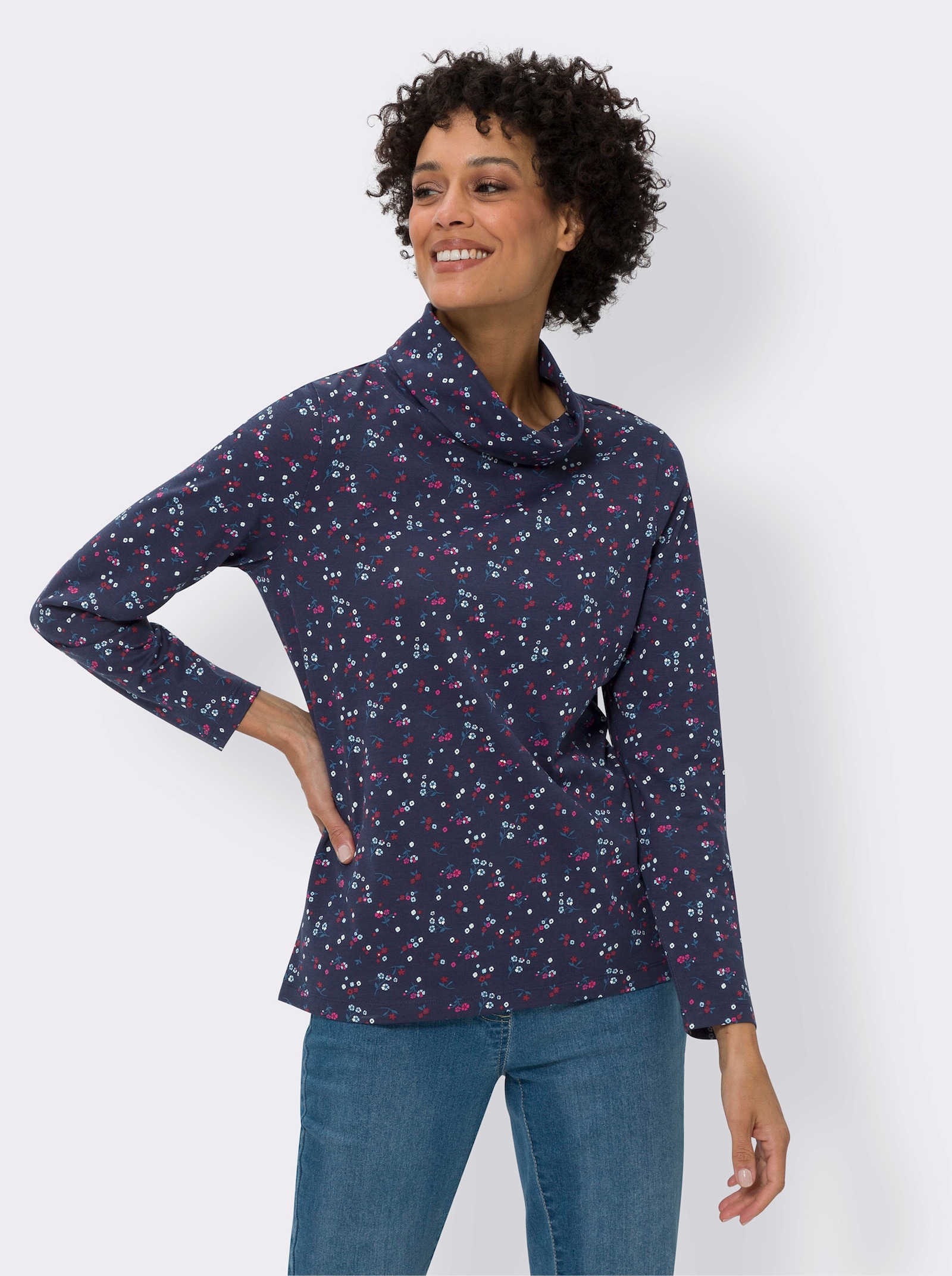 Tričko s rolákem a květinovým vzorem - námořnická modrá-džínová modrá-potisk